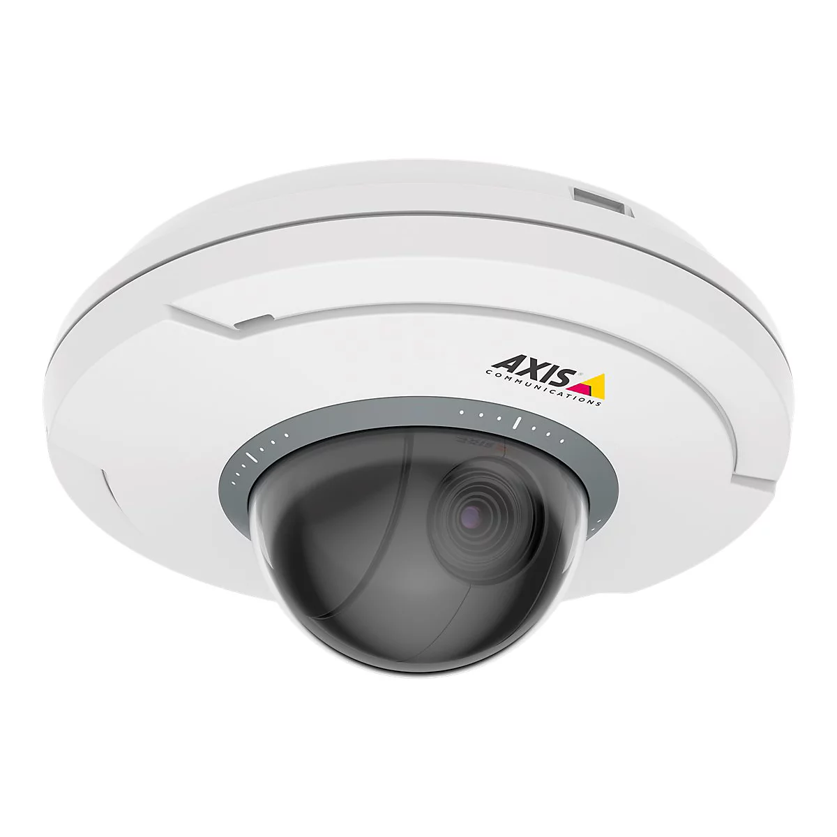 CamÃ©ra de surveillance ronde et blanche, avec un dÃ´me sombre en bas, logo du fabricant. MontÃ©e au plafond.