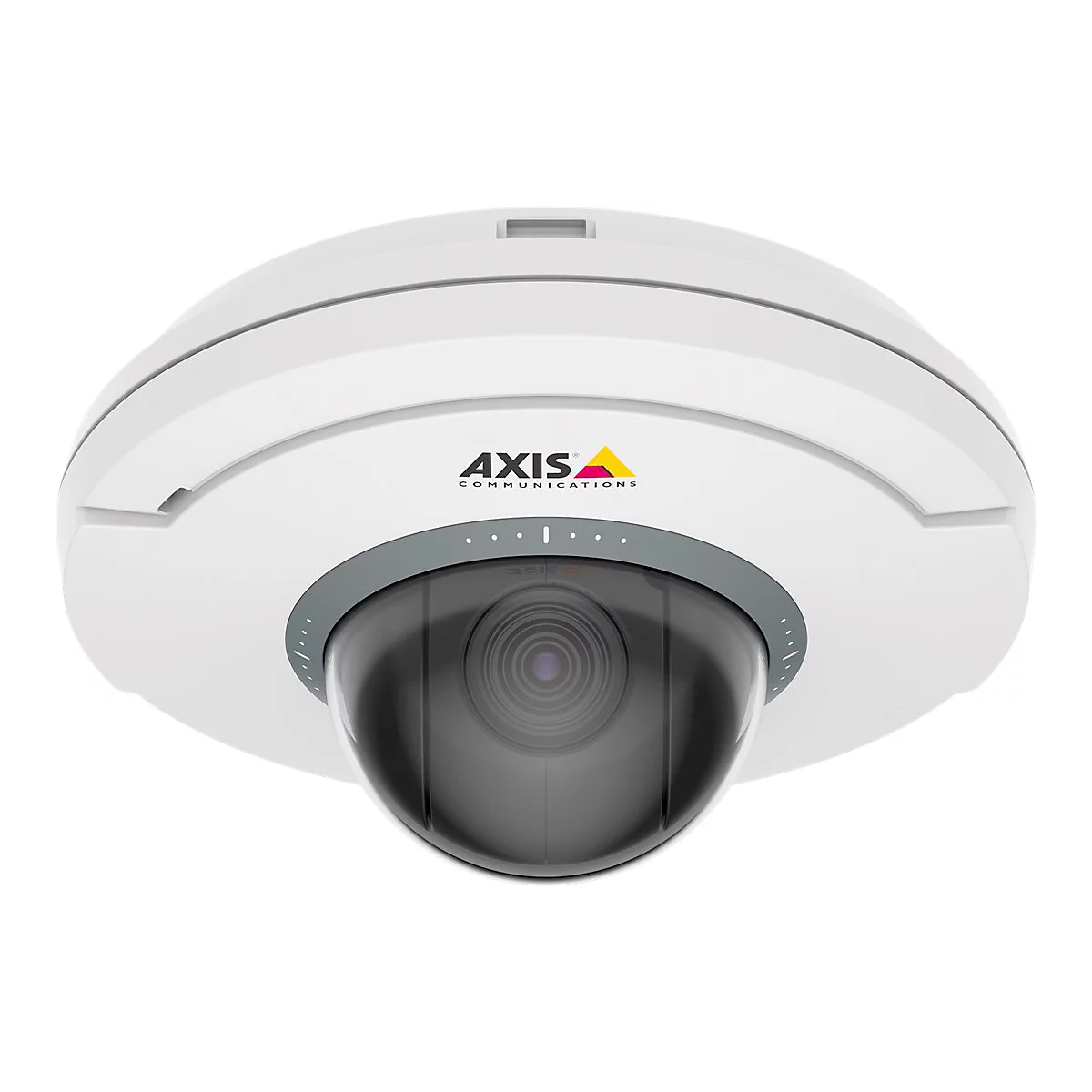 Eine weiße AXIS Überwachungskamera mit schwarzem, gewölbtem Objektiv und dem Logo.