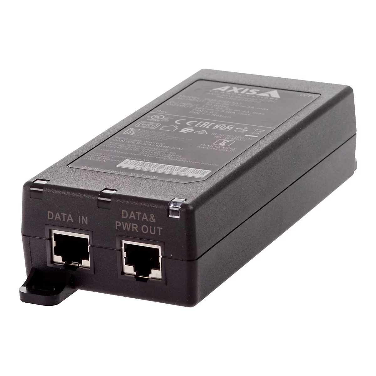 Schwarzes rechteckiges Netzteil mit zwei Ethernet-AnschlÃ¼ssen, Beschriftung DATA IN und DATA & PWR OUT.