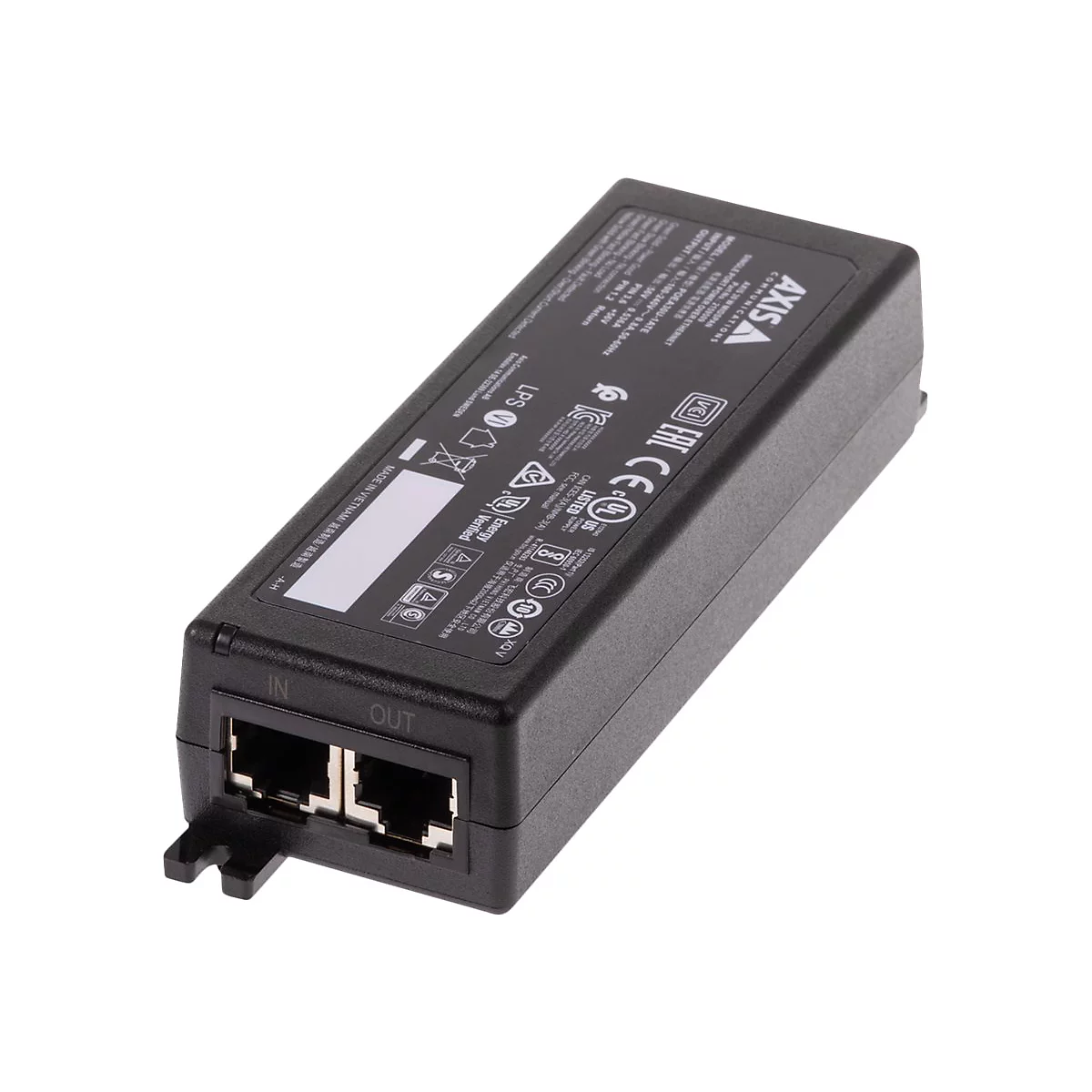Schwarzer Axis Power-over-Ethernet Midspan mit zwei Netzwerkanschlüssen und Produktbeschriftung.