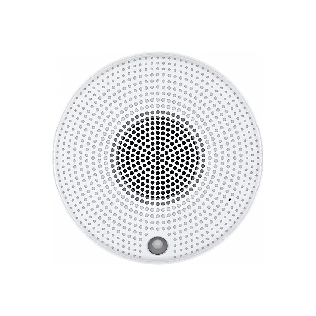 Vue de dessus d'un haut-parleur blanc avec une surface perforée et une grille noire au milieu.