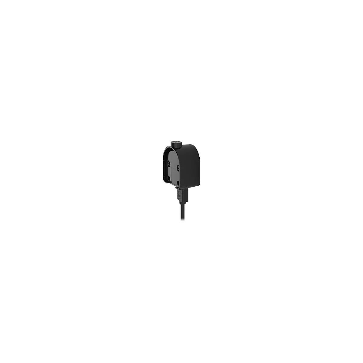 Ein schwarzes elektronisches Bauteil mit Stecker und Kabel, vor weiÃŸem Hintergrund.