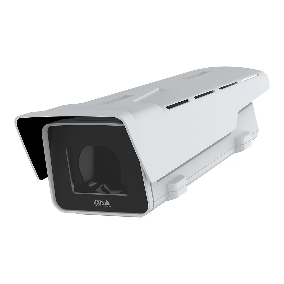 Caméra de surveillance blanche, lentille noire, toit à fentes, lettrage de la marque.