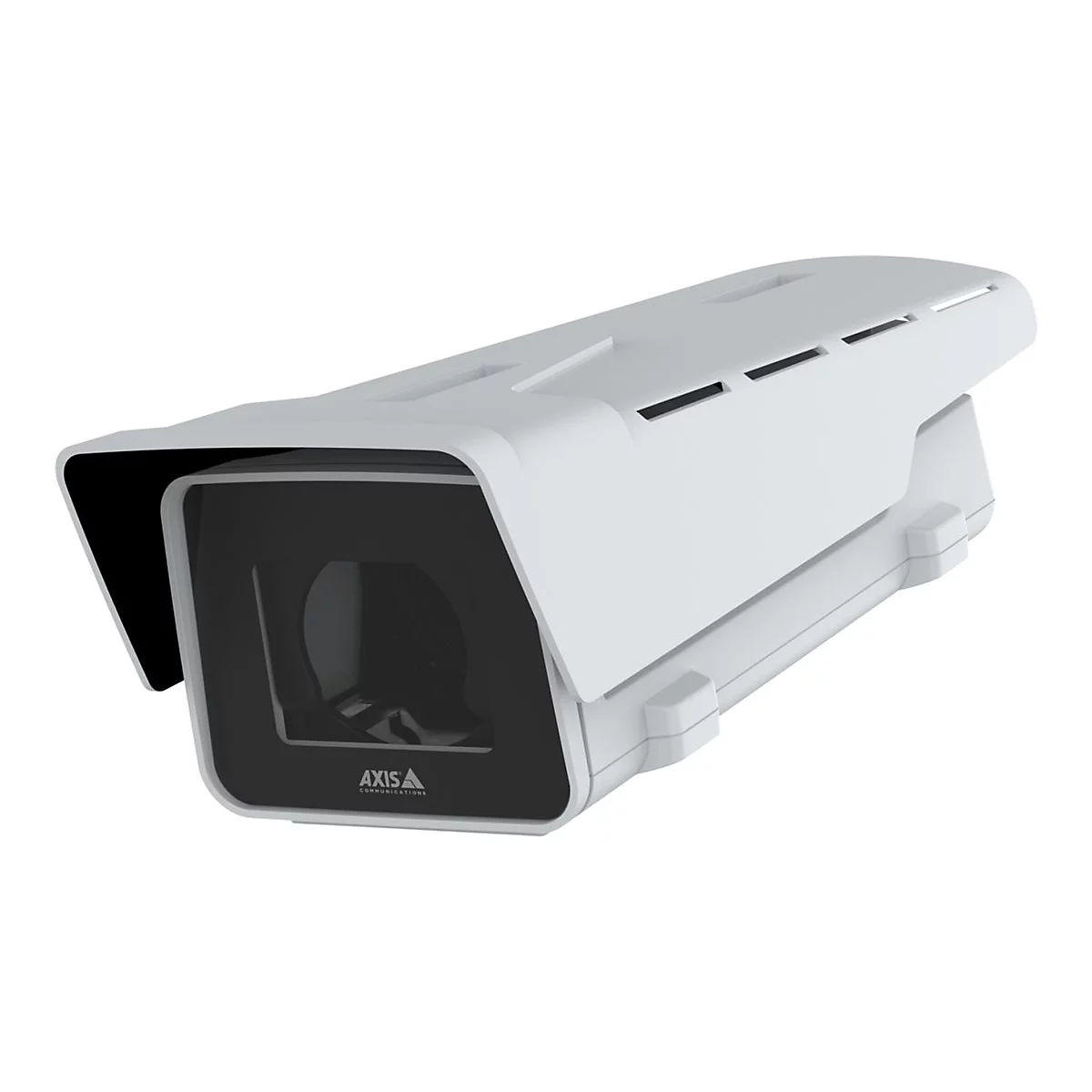 Une caméra de surveillance blanche avec objectif noir. Le logo Axis Communications est visible en bas.