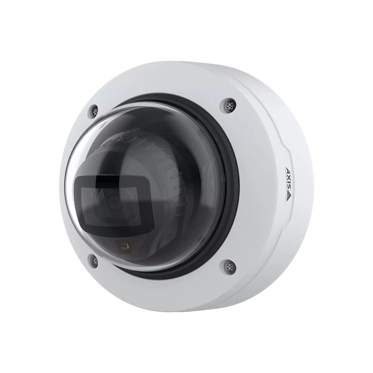 Weiße Überwachungskamera mit Glaskuppel und schwarzem Linsenelement. Schriftzug "AXIS" auf dem Gehäuse.