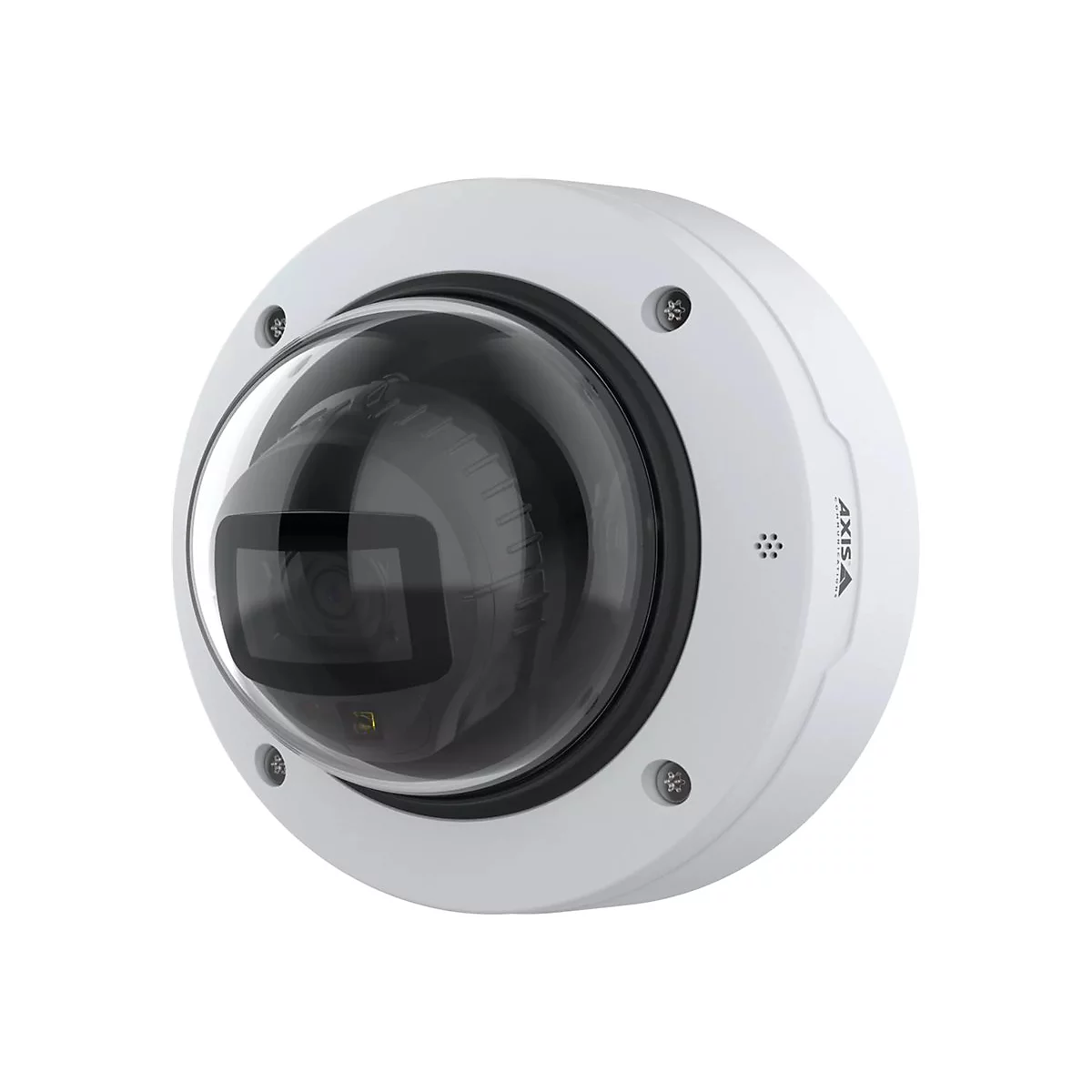 Weiße Überwachungskamera mit Glaskuppel, schwarzem Objektiv und AXIS-Logo.