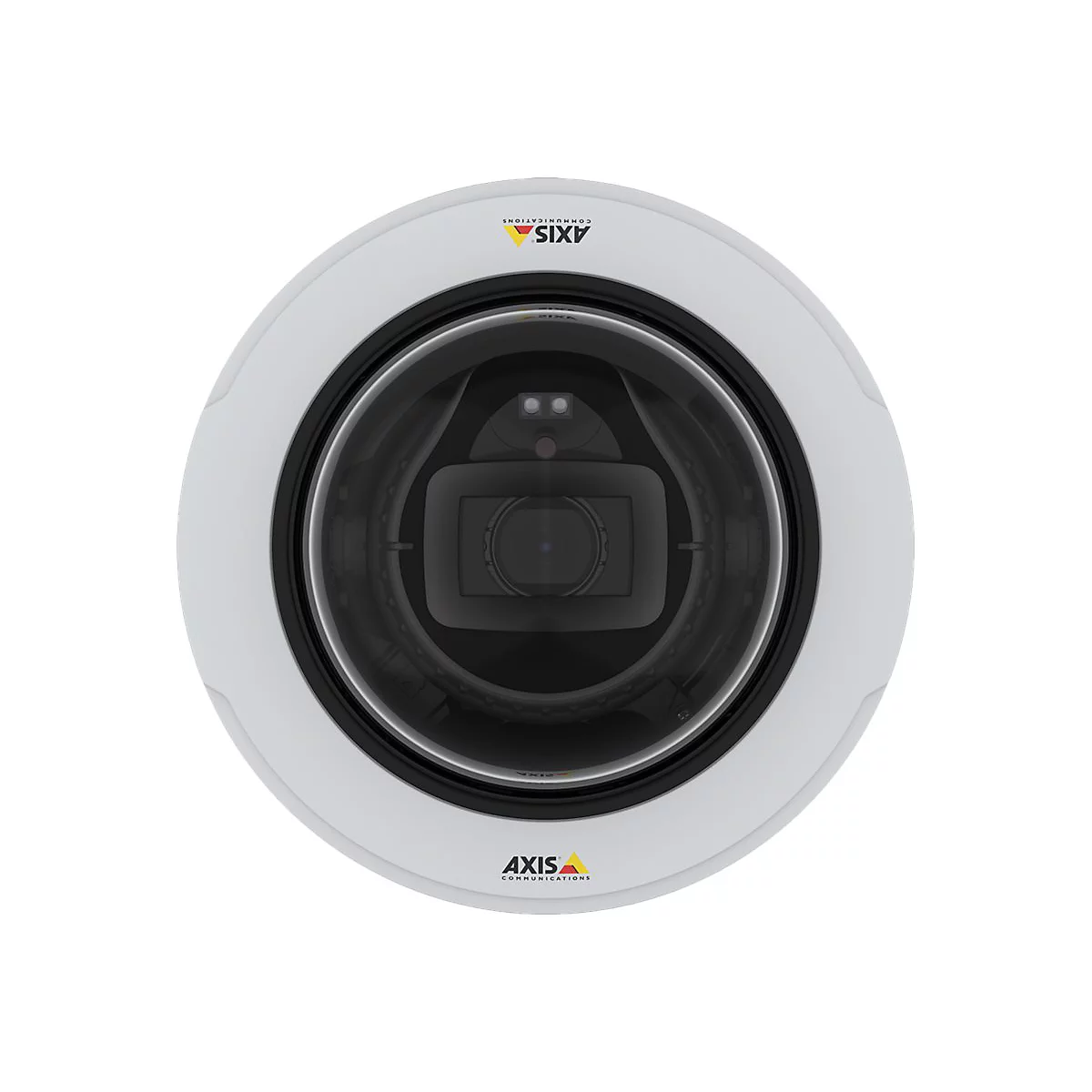 Ãœberwachungskamera, weiÃŸ und schwarz, kreisfÃ¶rmig. Mit AXIS-Logo.