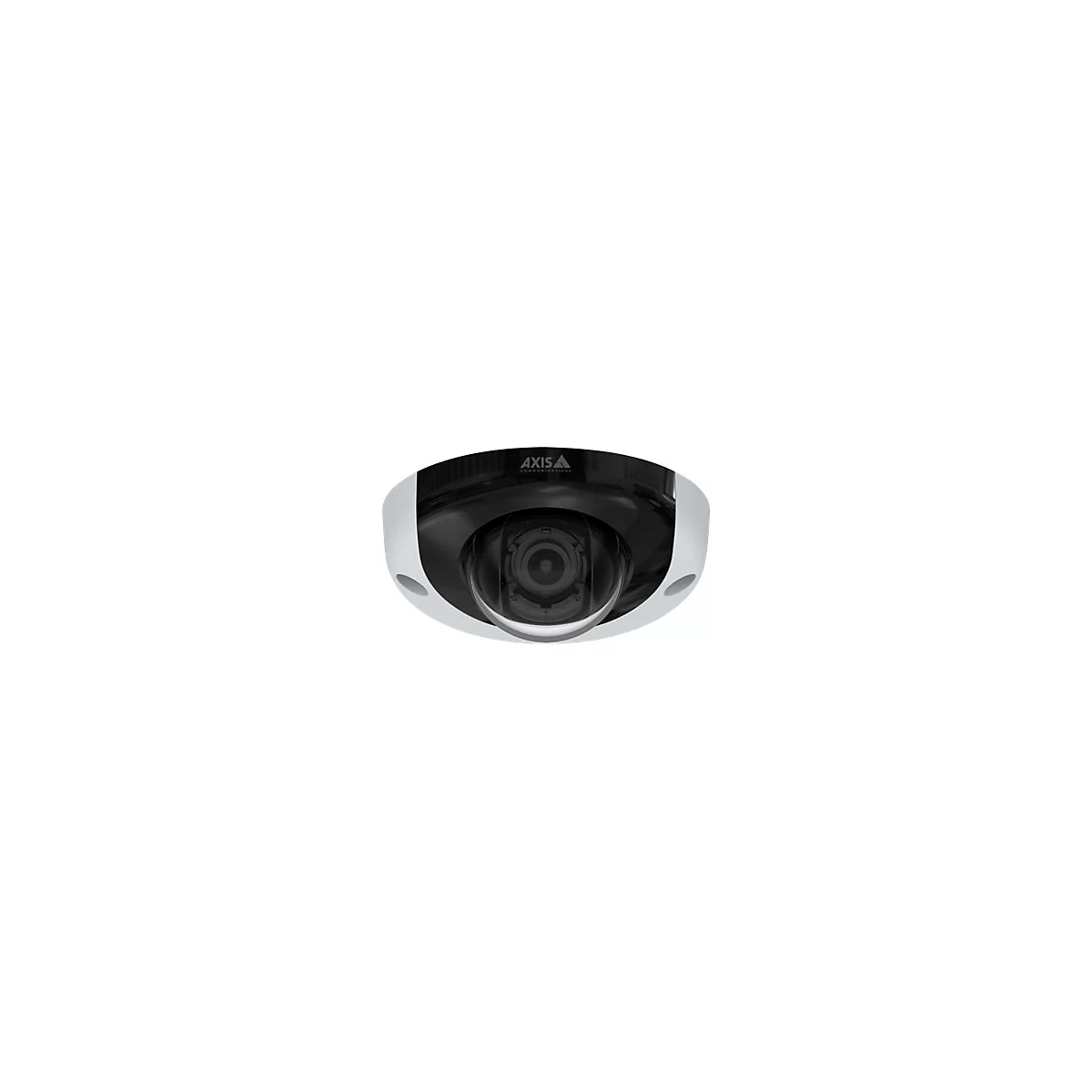 Caméra de surveillance ronde, blanche et noire avec dôme en verre. Logo AXIS en haut.