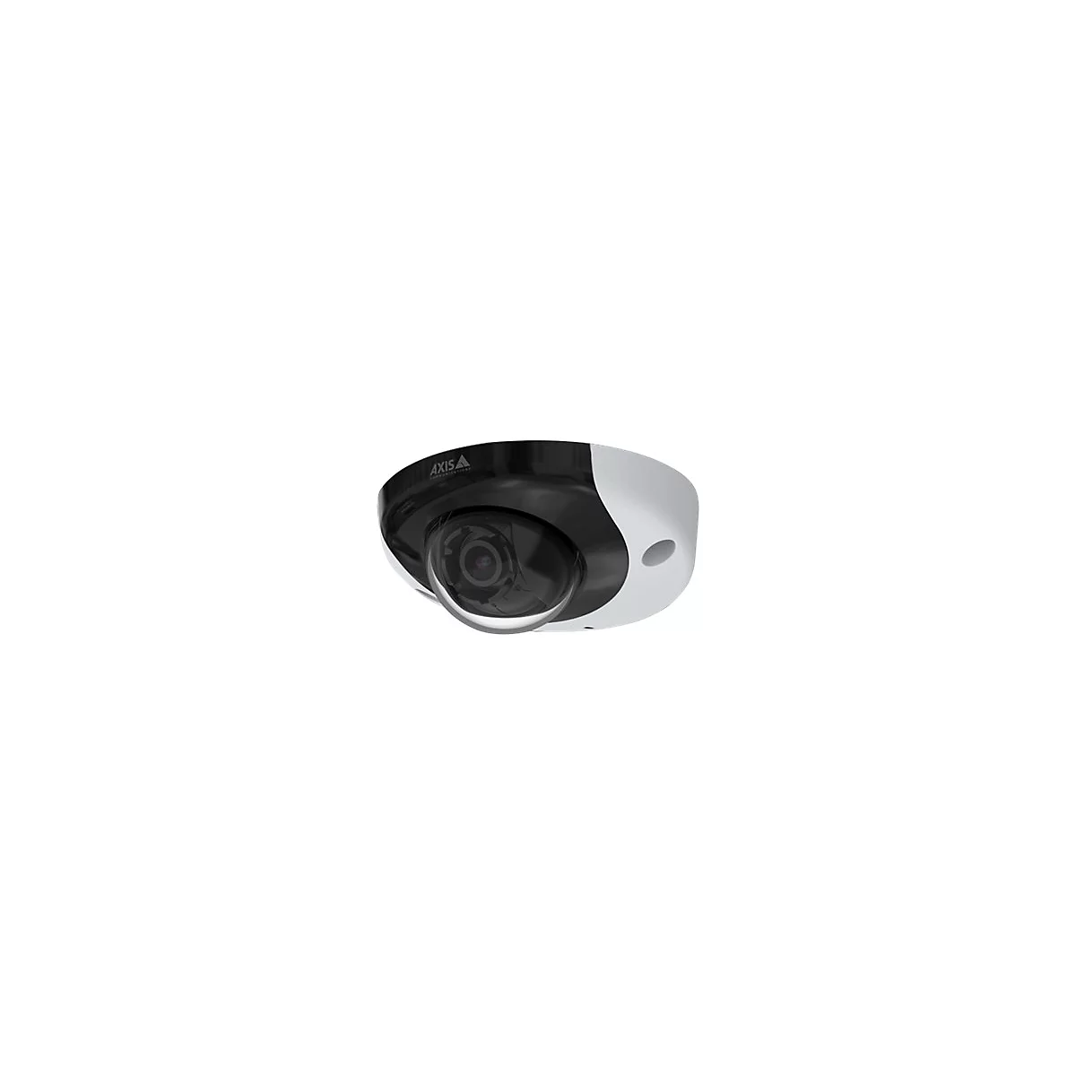 Caméra de surveillance ronde avec boîtier noir, bord blanc, inscription AXIS et dôme en verre.