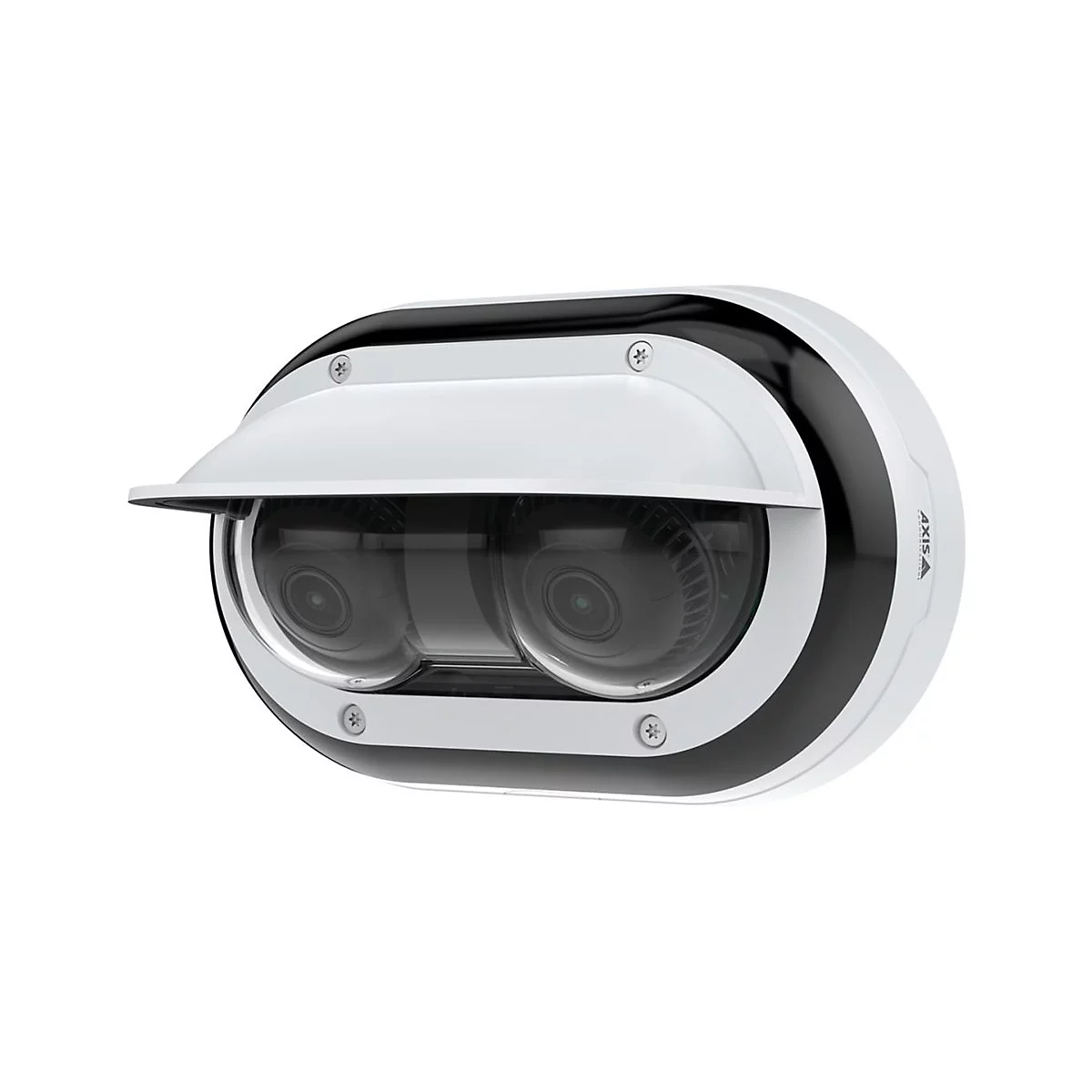 Double caméra avec pare-soleil. Boîtier blanc avec cadre noir. Deux objectifs, logo sur le côté.