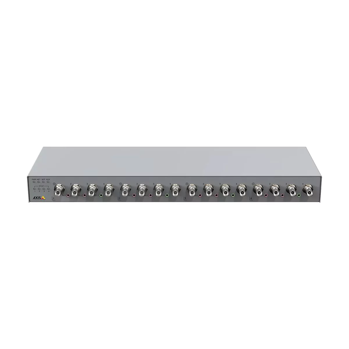 Grauer Axis Netzwerk-Encoder im Rack-Format mit zahlreichen BNC-Anschlüssen an der Vorderseite.