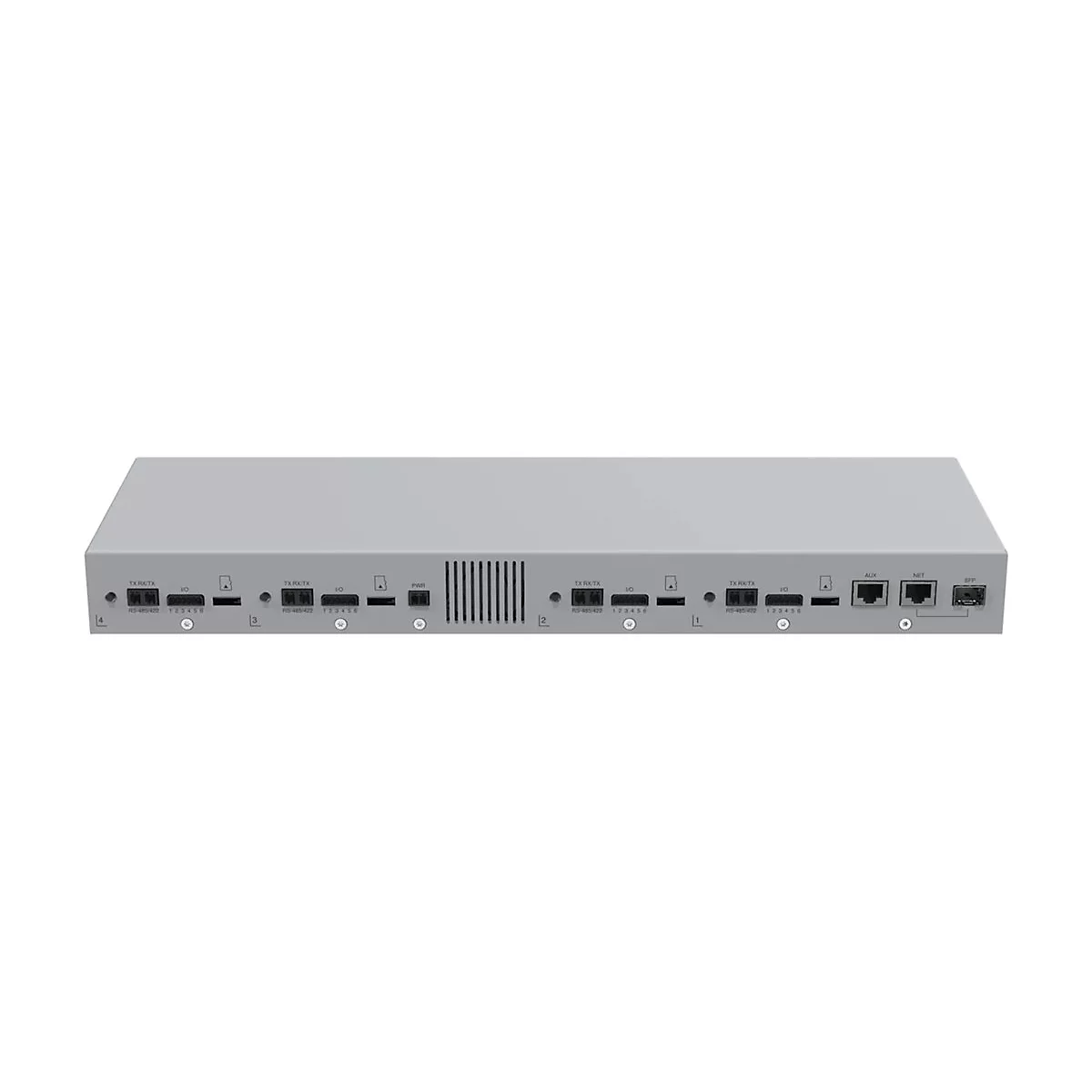 Graue Rückseite eines Netzwerk-Gateways mit diversen Anschlüssen, Beschriftungen und einem zentralen Lüftungsschlitz.