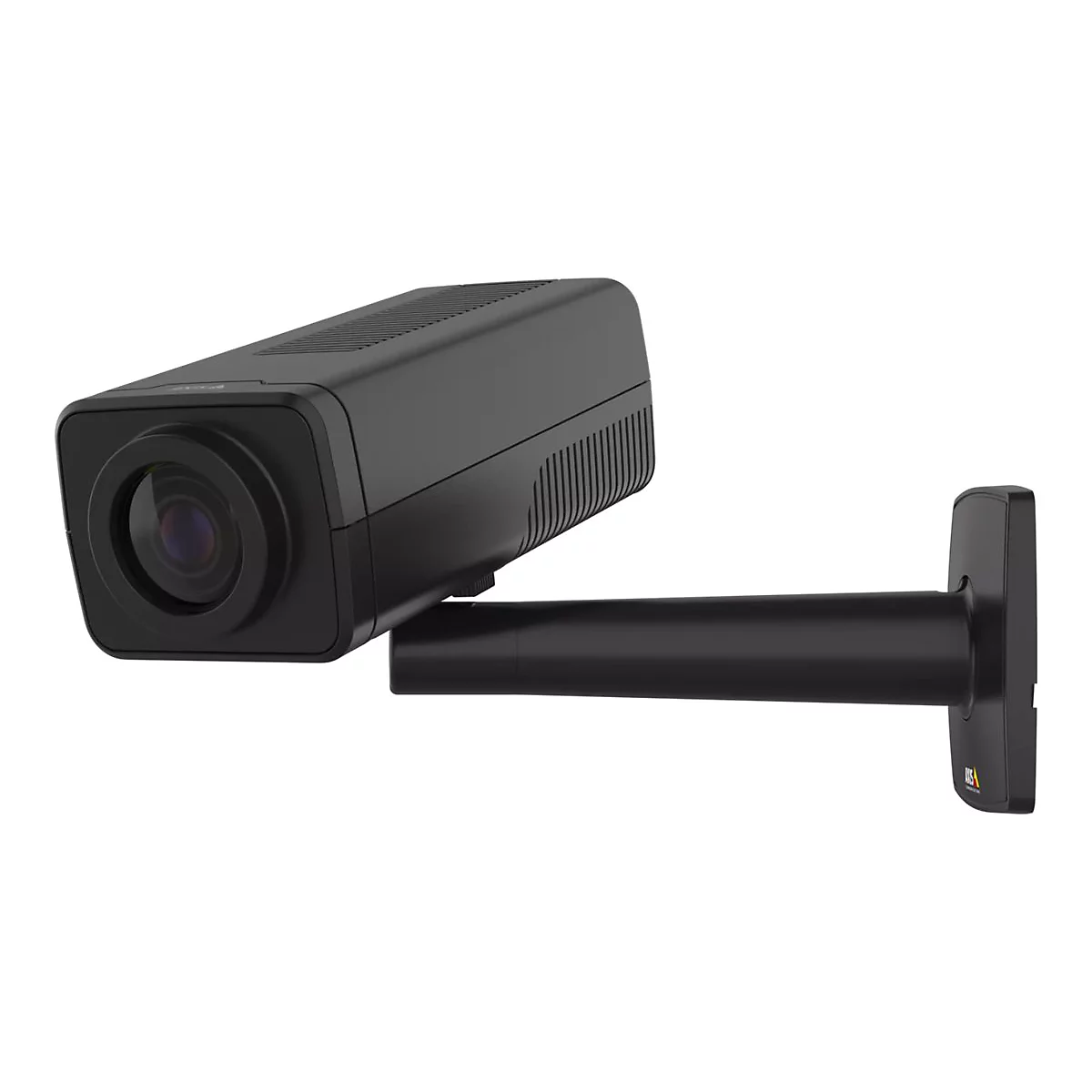 Schwarze Überwachungskamera an Wandhalterung, Linse im Fokus.