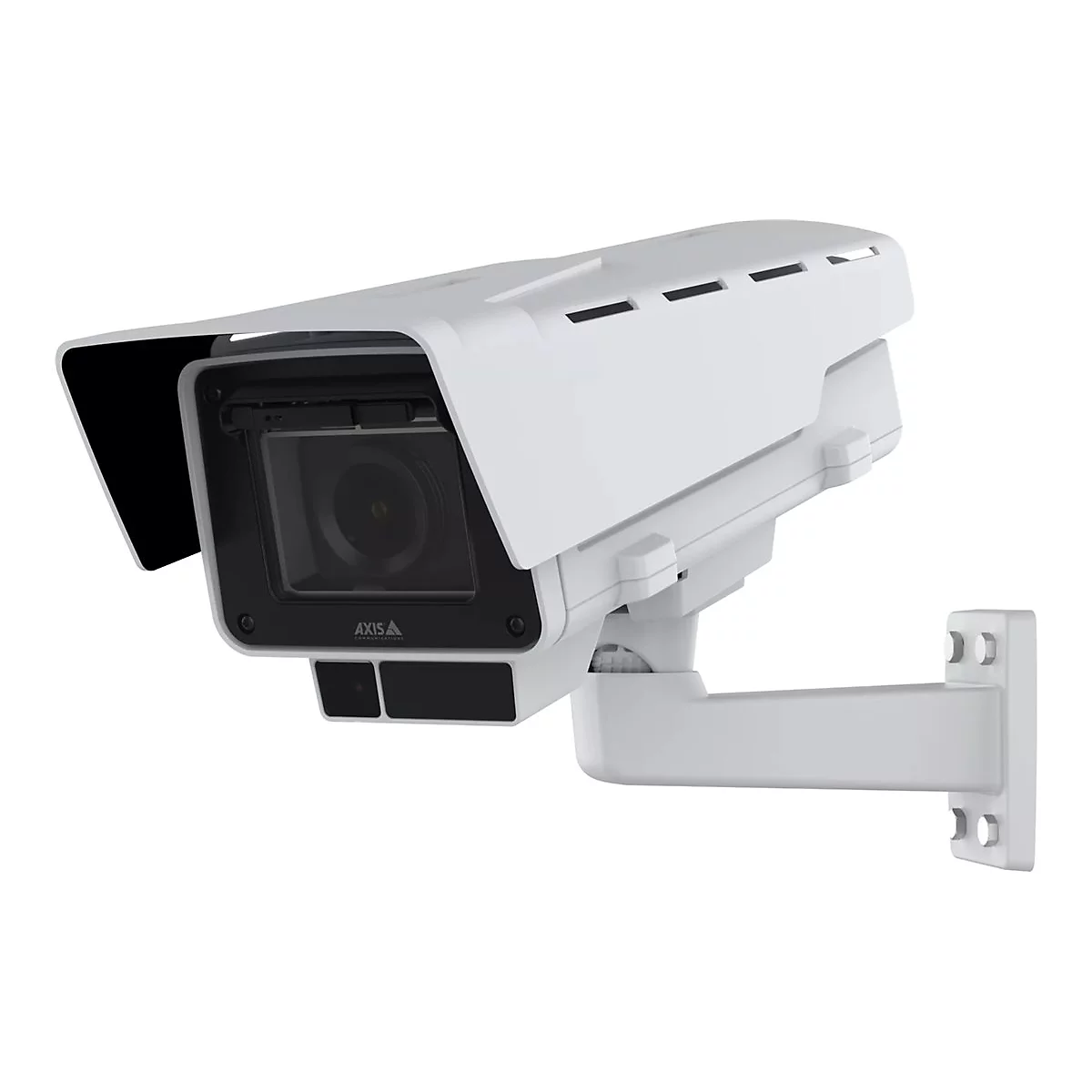 Weiße Überwachungskamera an Halterung, mit Sichtschutz. Mit dem Logo 'Axis'.
