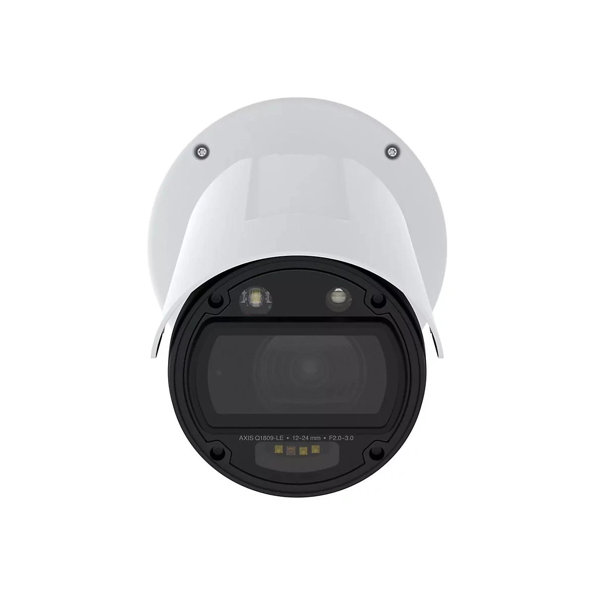 Nahaufnahme einer weißen Überwachungskamera. Auf dem schwarzen Gehäuse steht: AXIS Q1809-LE. 12-24 mm F2.0-3.0.