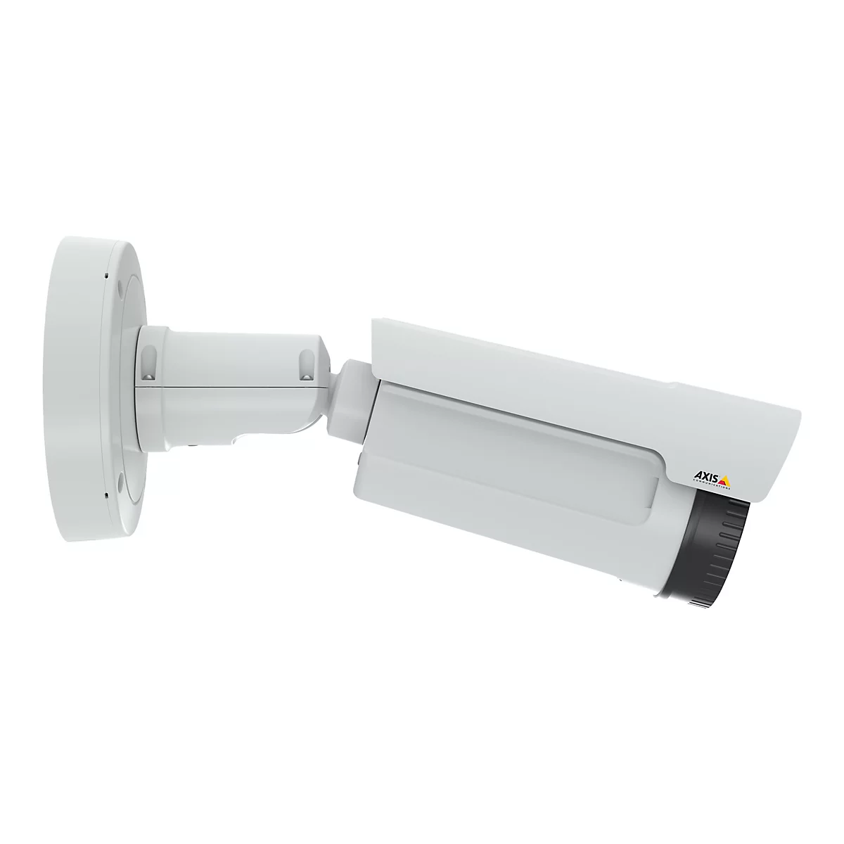 Eine weiße Überwachungskamera mit schwarzem Objektiv und Logo, an Wandhalterung befestigt.