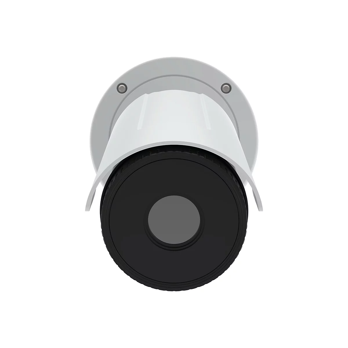 Draufsicht einer Überwachungskamera. Graue Halterung, weisses Gehäuse, schwarzes Objektiv auf weissem Hintergrund.