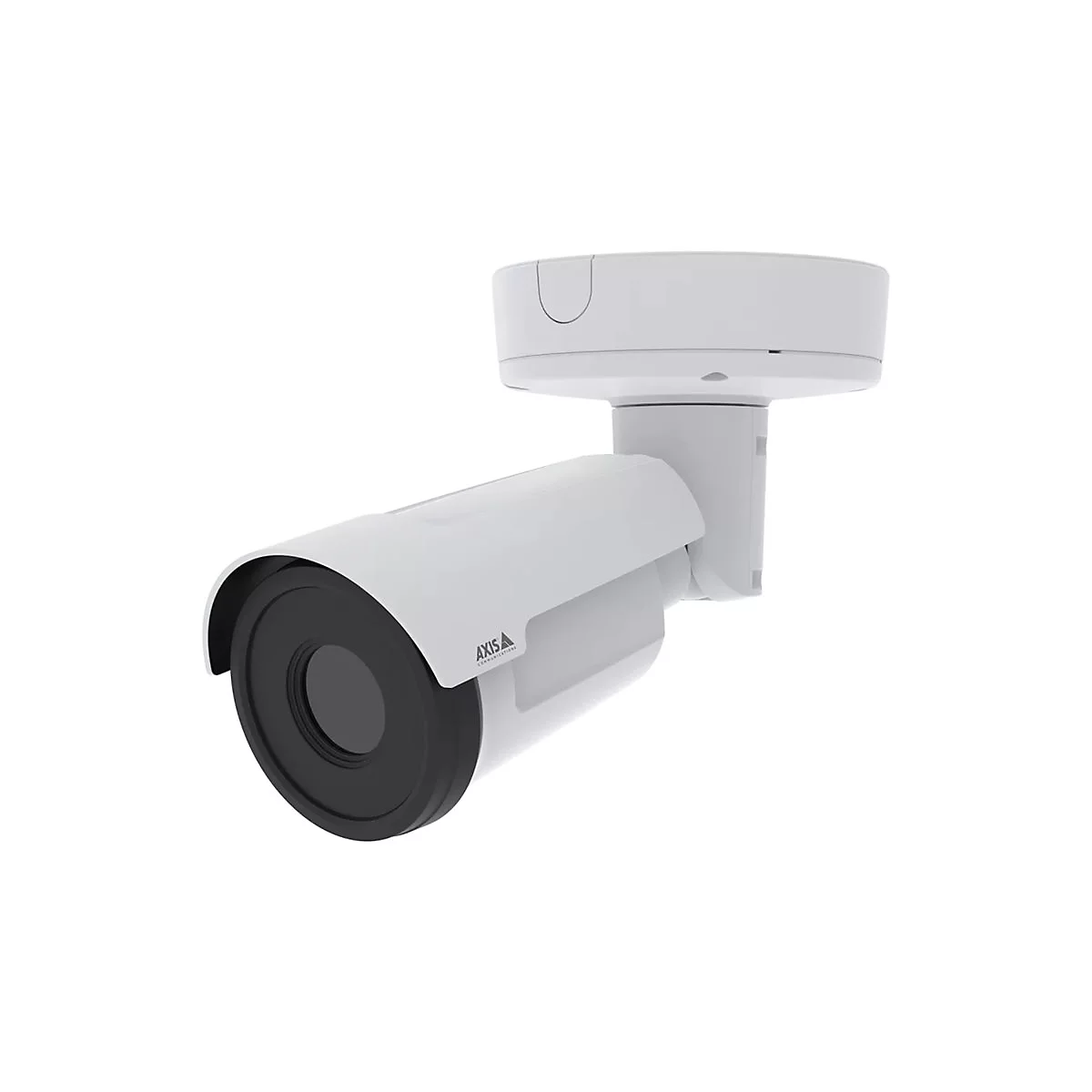 Weiße Überwachungskamera mit schwarzer Linse. Das Objektiv ist nach links gerichtet, mit dem Logo von 'Axis' auf der Seite.