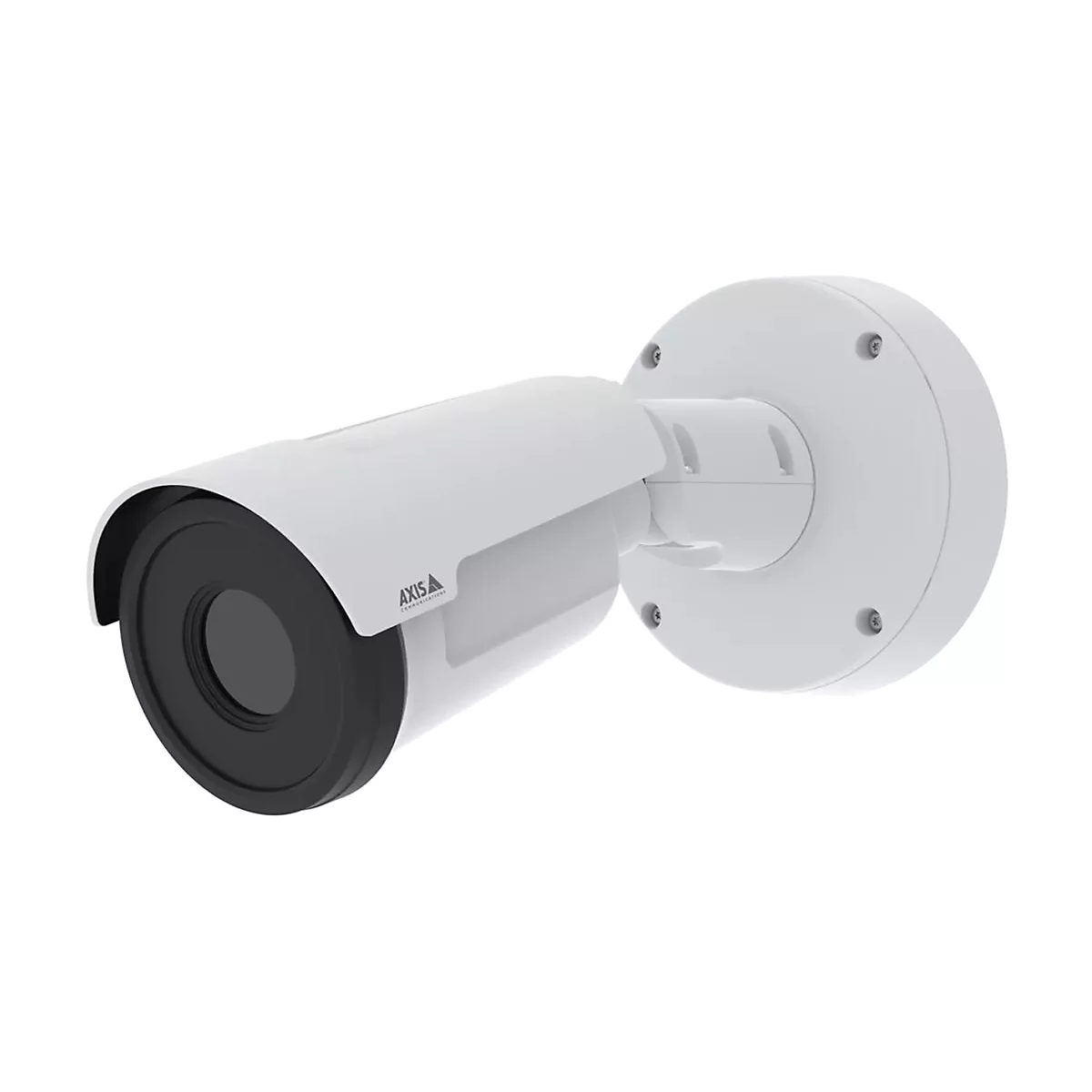 Weiße Überwachungskamera mit schwarzer Linse, an runder Halterung befestigt. Aufschrift: AXIS.