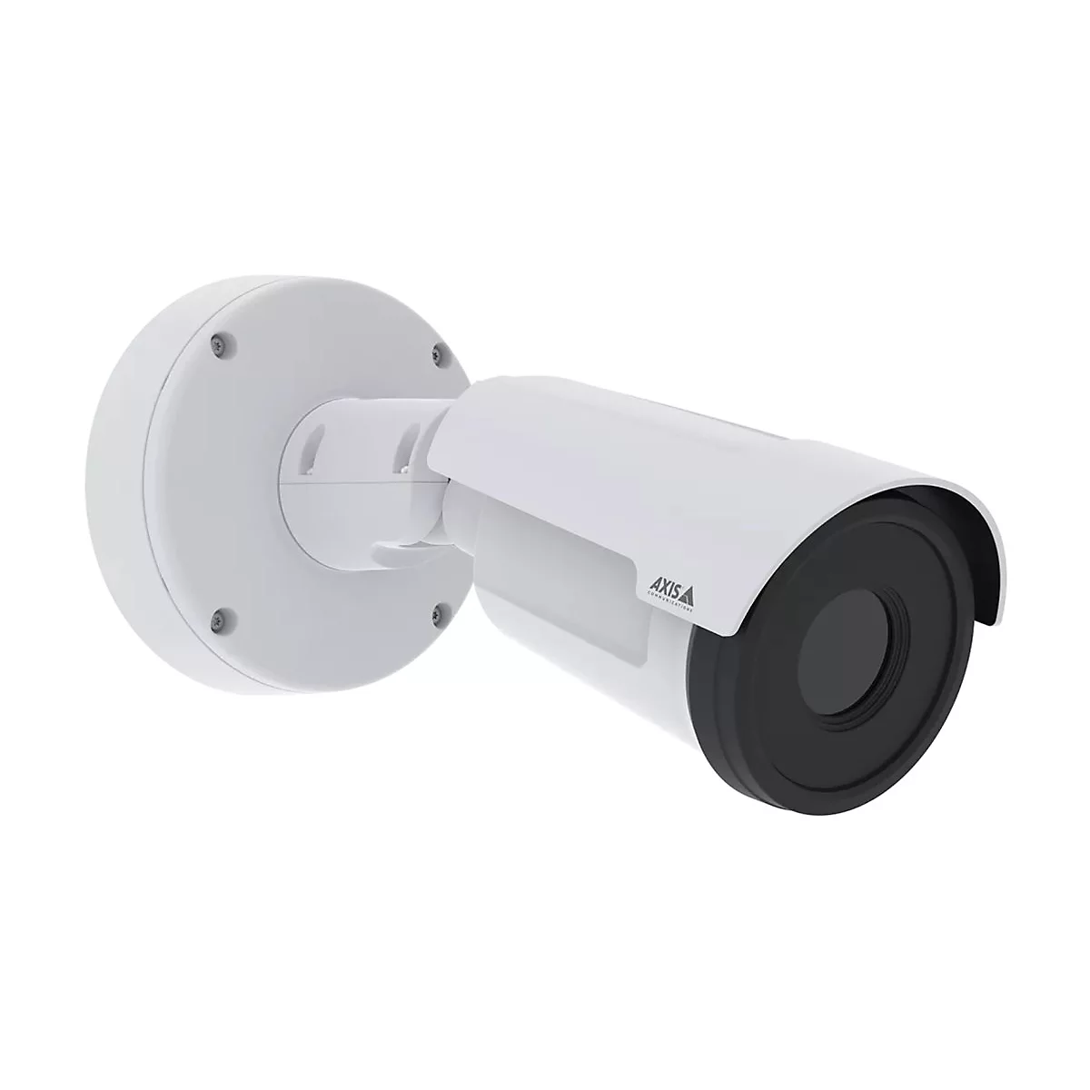 Eine weiße Überwachungskamera an der Wand. Die Kamera ist zylindrisch, mit schwarzer Linse und dem Logo 'Axis'.