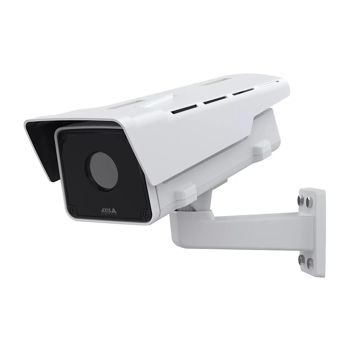 Weiße Überwachungskamera, an Wandhalterung befestigt. Auf schwarzem Hintergrund steht „Axis“.