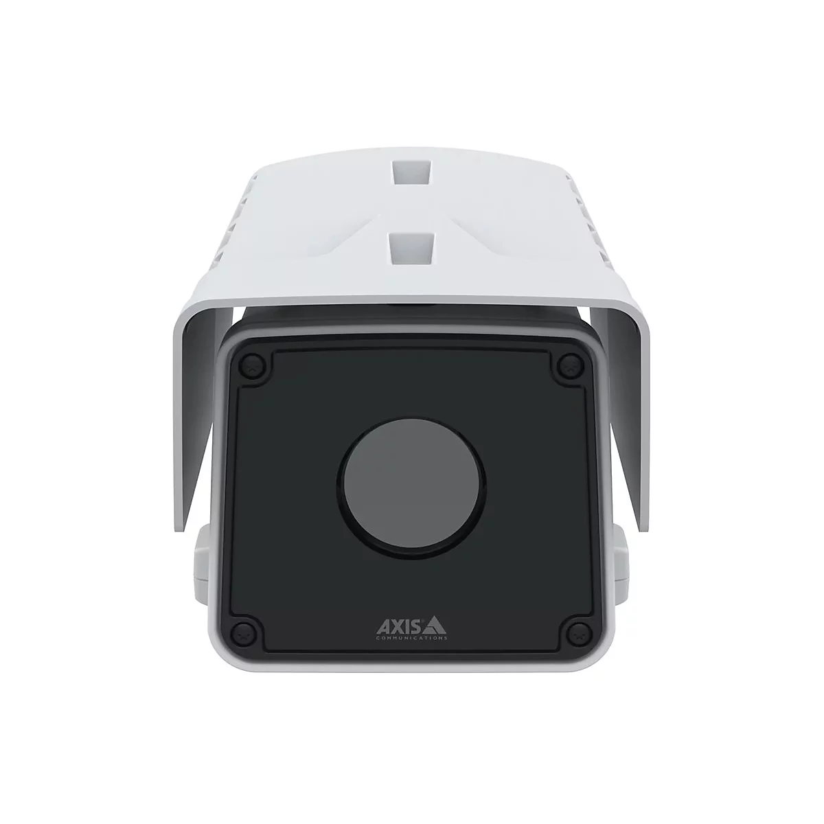 Nahaufnahme einer weißen Überwachungskamera. Schwarze Linse, weißes Gehäuse, Logo 'AXIS COMMUNICATIONS'.