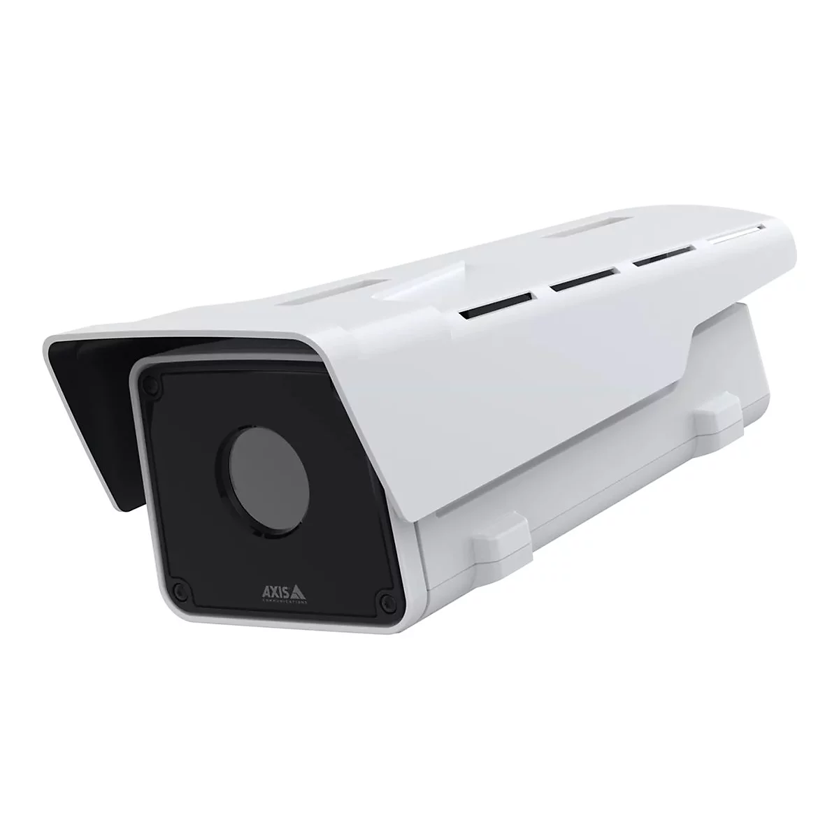 Weiße Überwachungskamera mit schwarzem Objektiv und Firmenlogo. Die Kamera hat eine schützende Abdeckung.