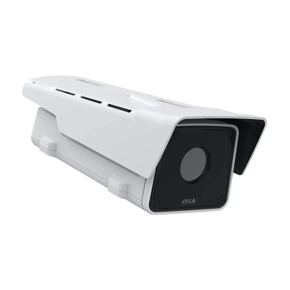 Weiße Überwachungskamera mit schwarzer Linse und Logoschriftzug.