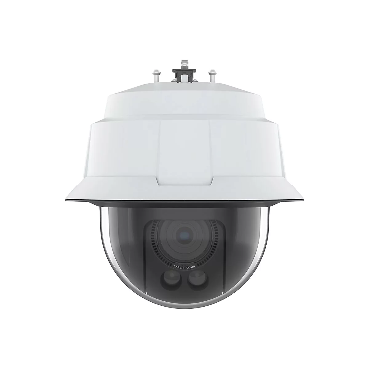 Eine weiße Überwachungskamera mit schwarzem, glänzendem Kuppelobjektiv, vor weißem Hintergrund.