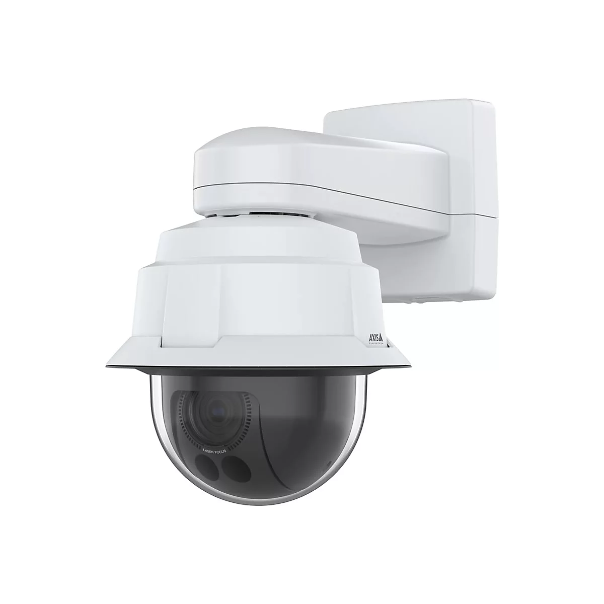 Weiße Überwachungskamera an Wandhalterung; Glaskuppel mit Laser Fokus, Axis Logo.