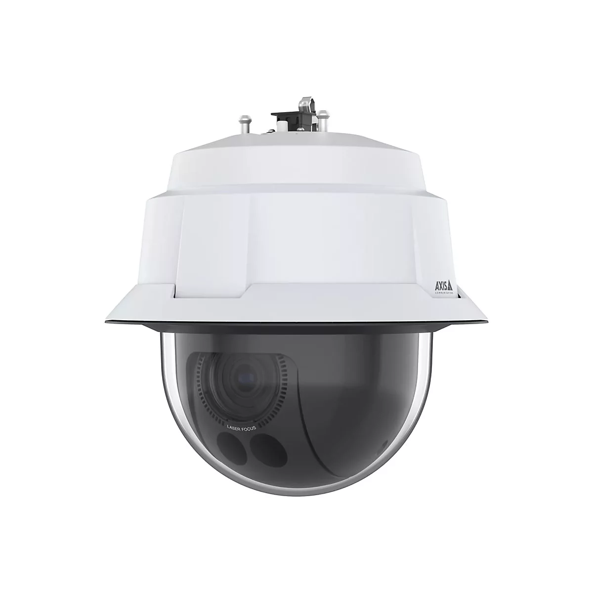 Eine weiße Überwachungskamera mit Glaskuppel, Schriftzug 'AXIS'.