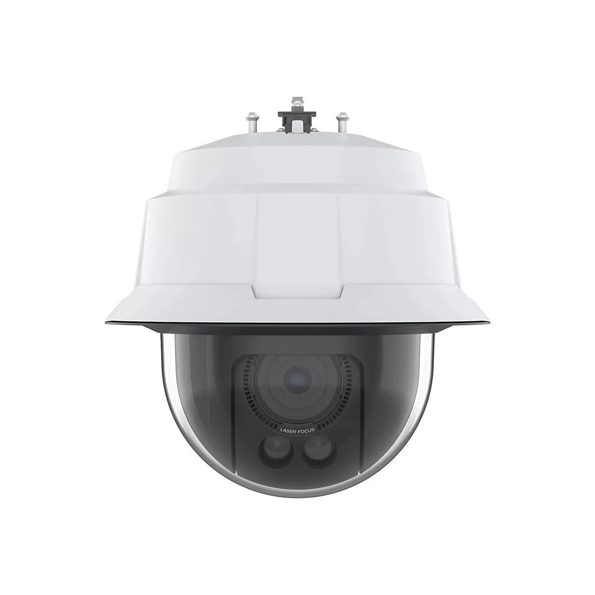 Kamera in Weiß-Schwarz. Die Kamera hat eine Kuppelform, darunter steht „Laser Focus“.