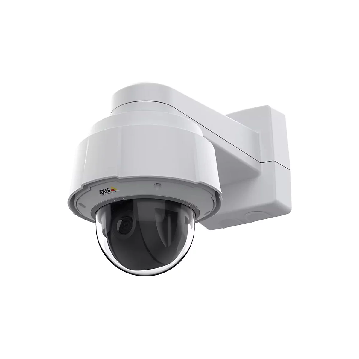 Eine weiße Überwachungskamera mit Glaskuppel, befestigt an einer weißen Halterung.