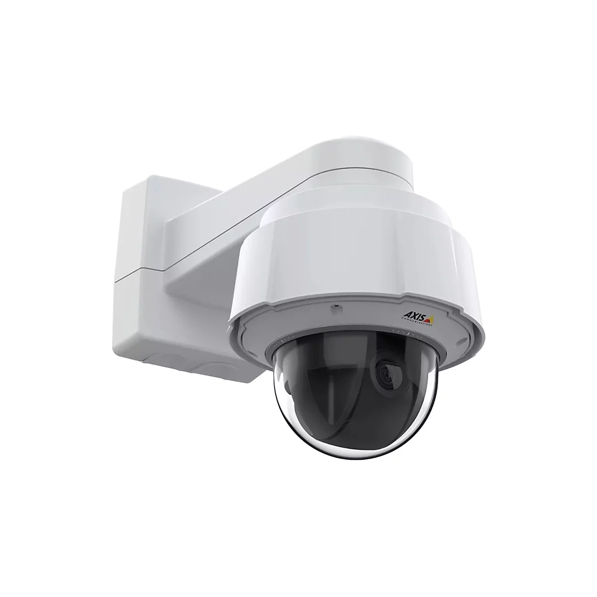 Weiße Überwachungskamera an der Wand. Die Kamera hat eine Kuppel mit Objektiv und ist mit "AXIS" beschriftet.