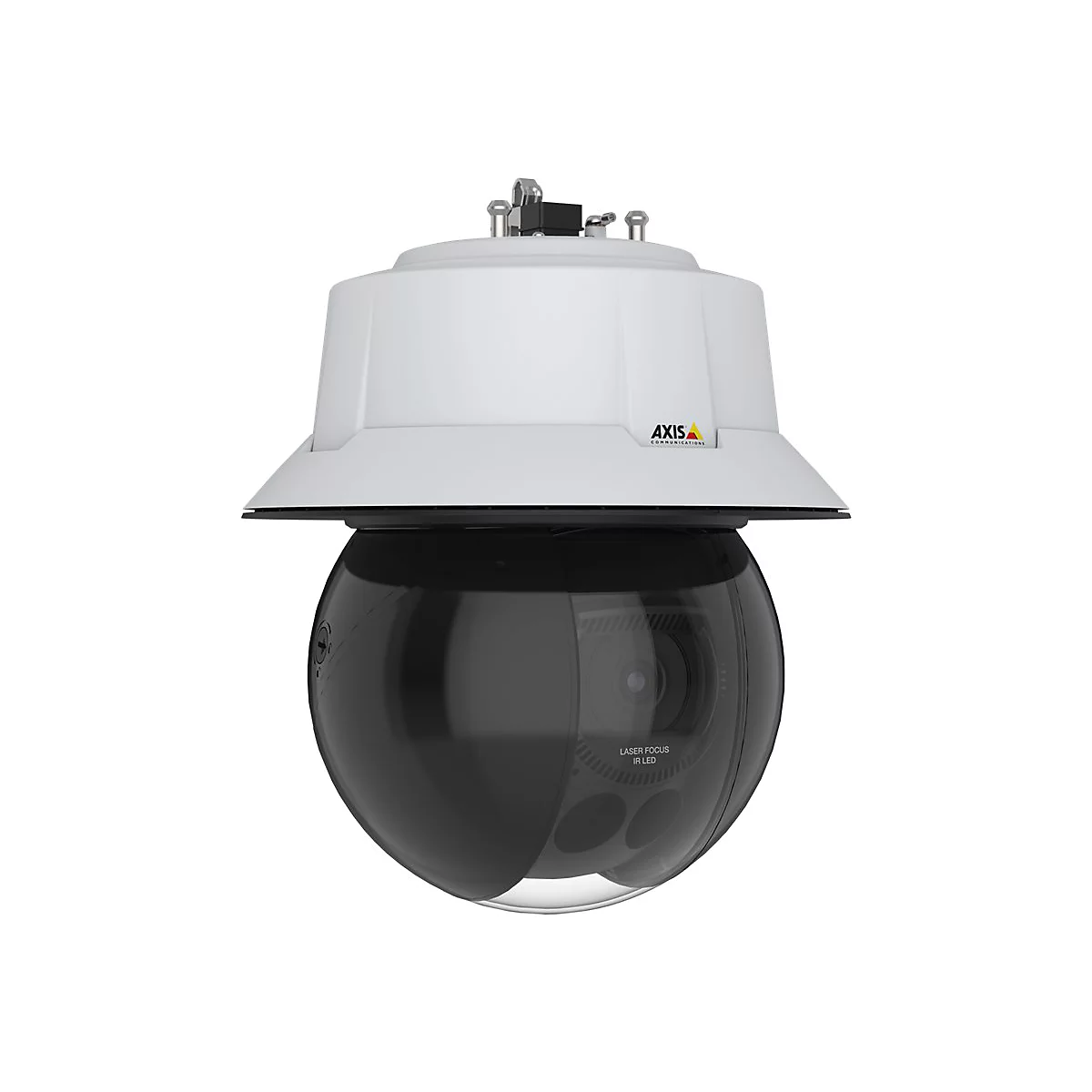 Kamera in Weiß und Schwarz. Auf dem Gehäuse steht 'AXIS'. Unterhalb der Kamera befindet sich der Schriftzug 'LASER FOCUS IR LED'.