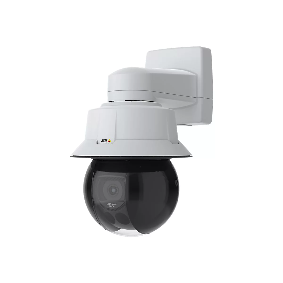 Eine weiße, kugelförmige Überwachungskamera. Auf der Kuppel steht Laser Focus IR LED.