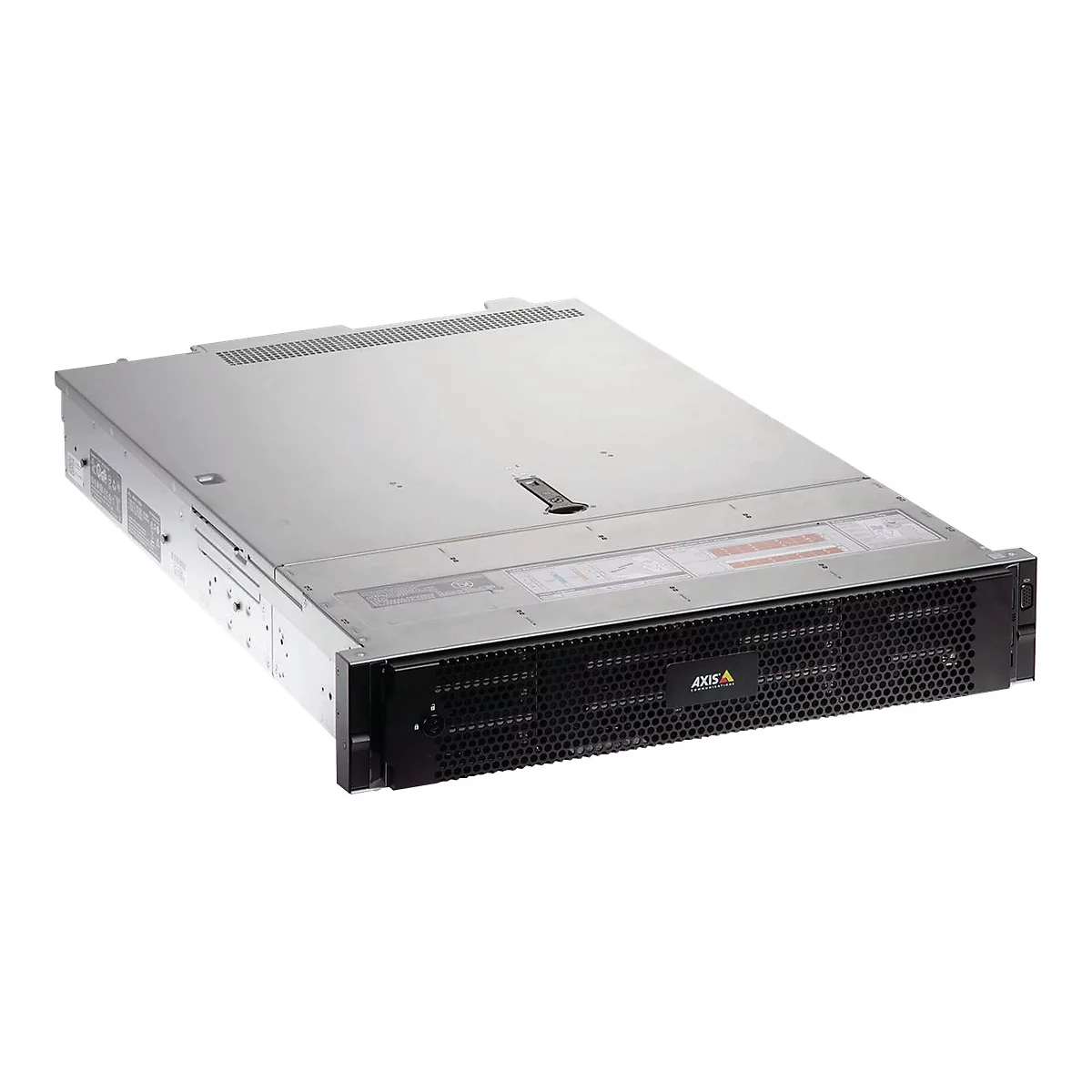 Un serveur rack gris sur fond blanc. Le logo Axis Communications est en bas à gauche.