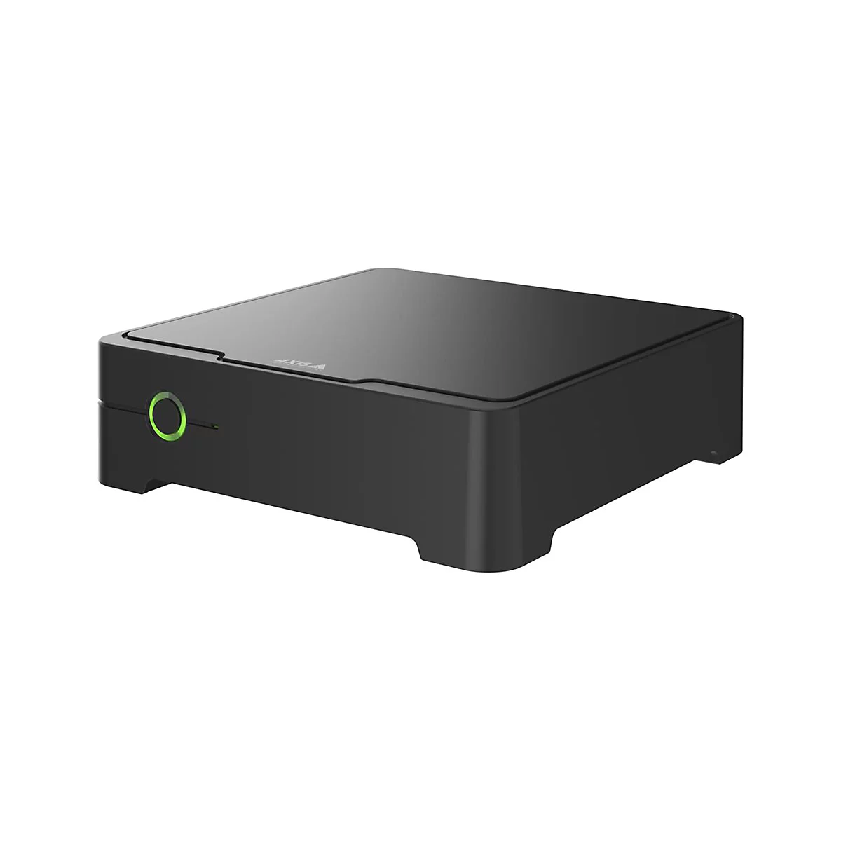 Schwarze Set-Top-Box mit abgerundeten Kanten. Auf der Front ein grÃ¼ner Einschaltknopf.