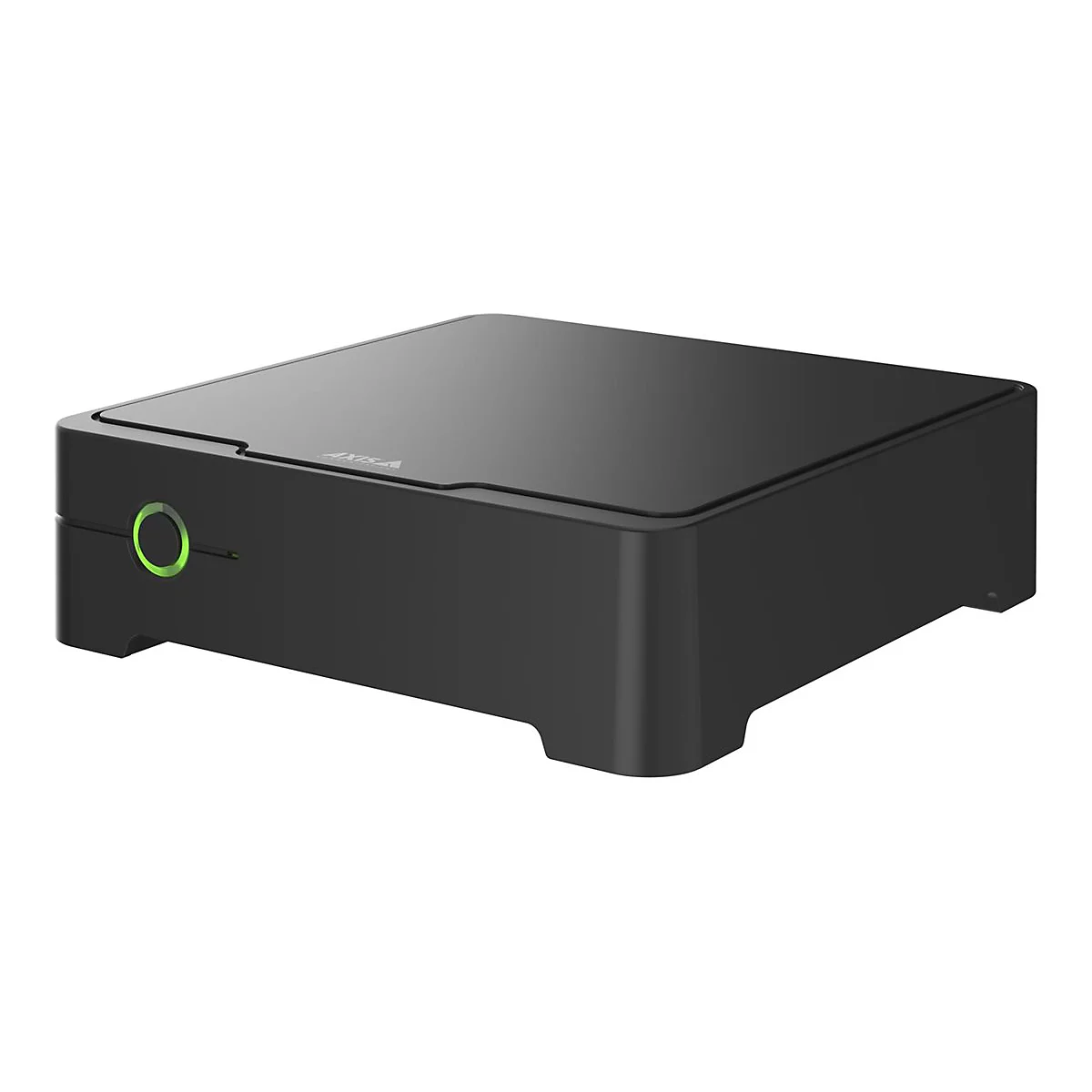Schwarze, flache Axis-Netzwerkbox mit beleuchtetem grünen Ringknopf auf der Vorderseite.