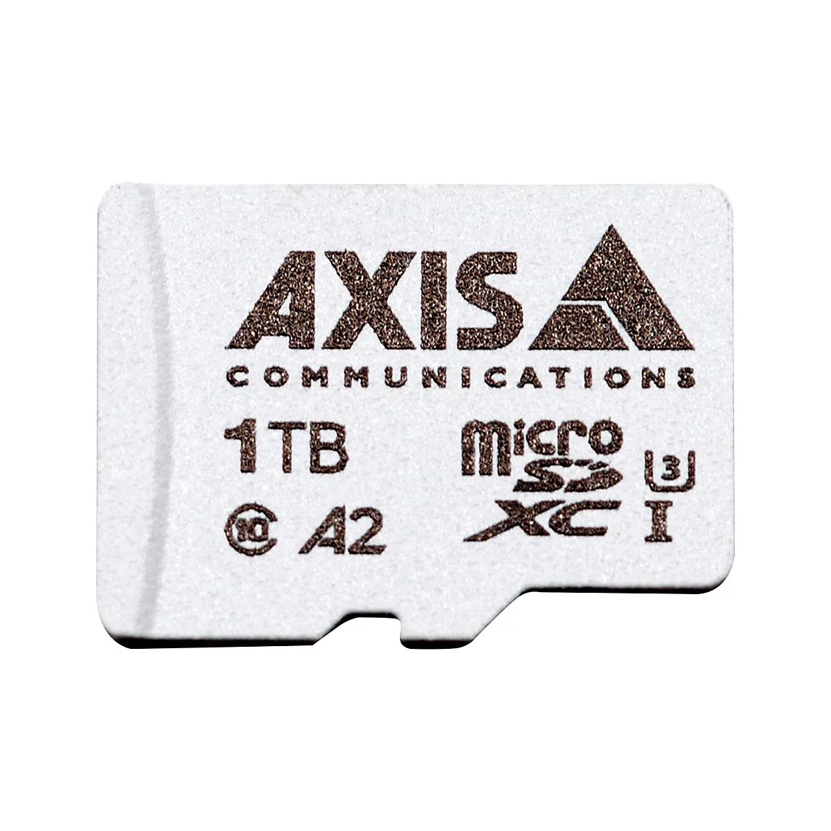 Nahaufnahme einer weißen AXIS-SD-Karte mit Aufdruck: AXIS COMMUNICATIONS, 1TB, Micro SDXC I.