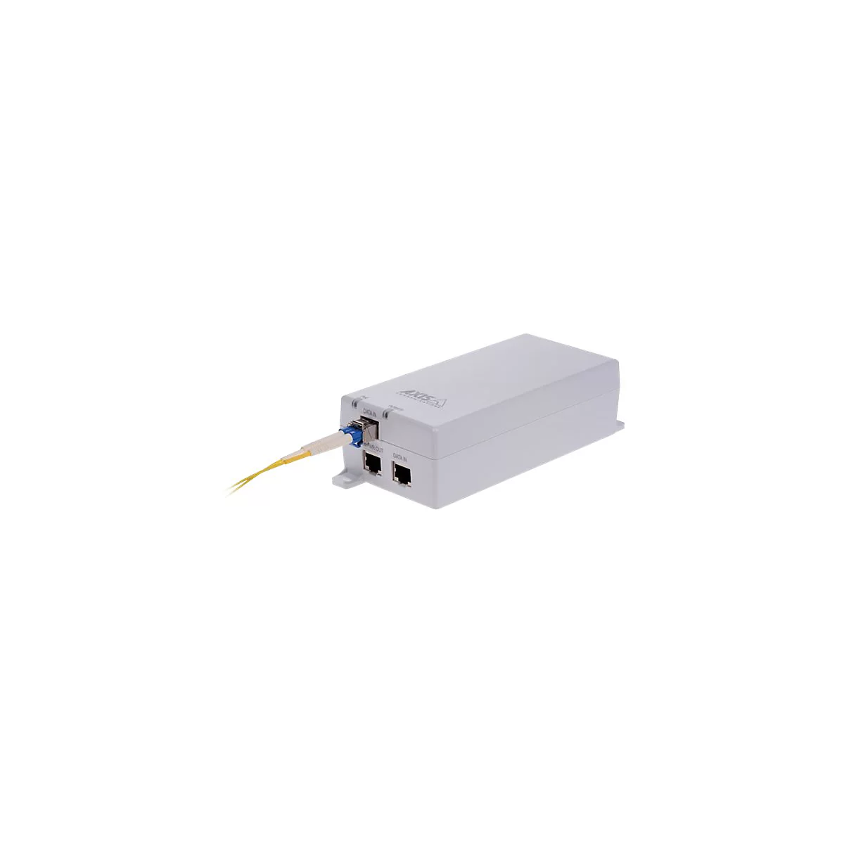Graues Axis Netzwerkgerät mit eingestecktem Glasfaseranschluss und zwei Ethernet-Ports auf weißem Hintergrund.