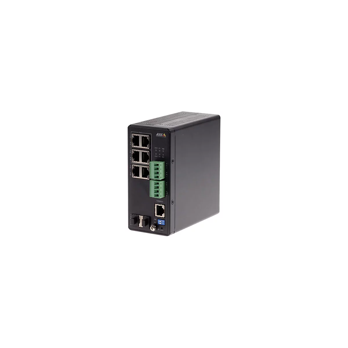 Schwarzer Netzwerk-Switch mit Anschlüssen, Beschriftungen und Firmenlogo. Auf weißem Hintergrund.