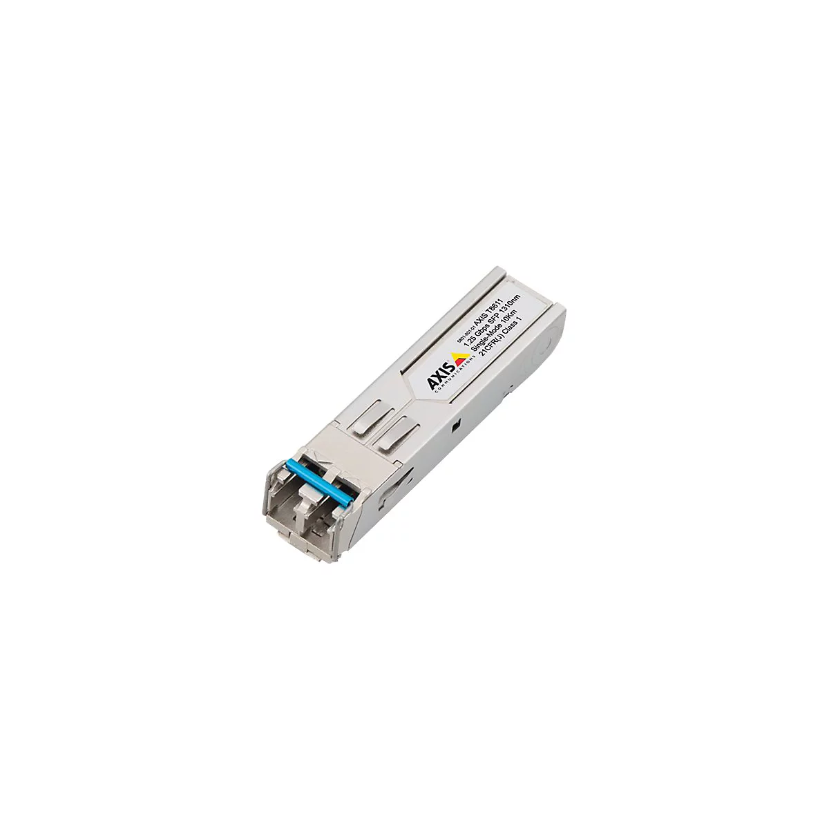 Ein graues AXIS-Kommunikationsmodul mit blauer Akzentfarbe. Aufschrift: AXIS, 1,25 Gbps SFP 1310nm.
