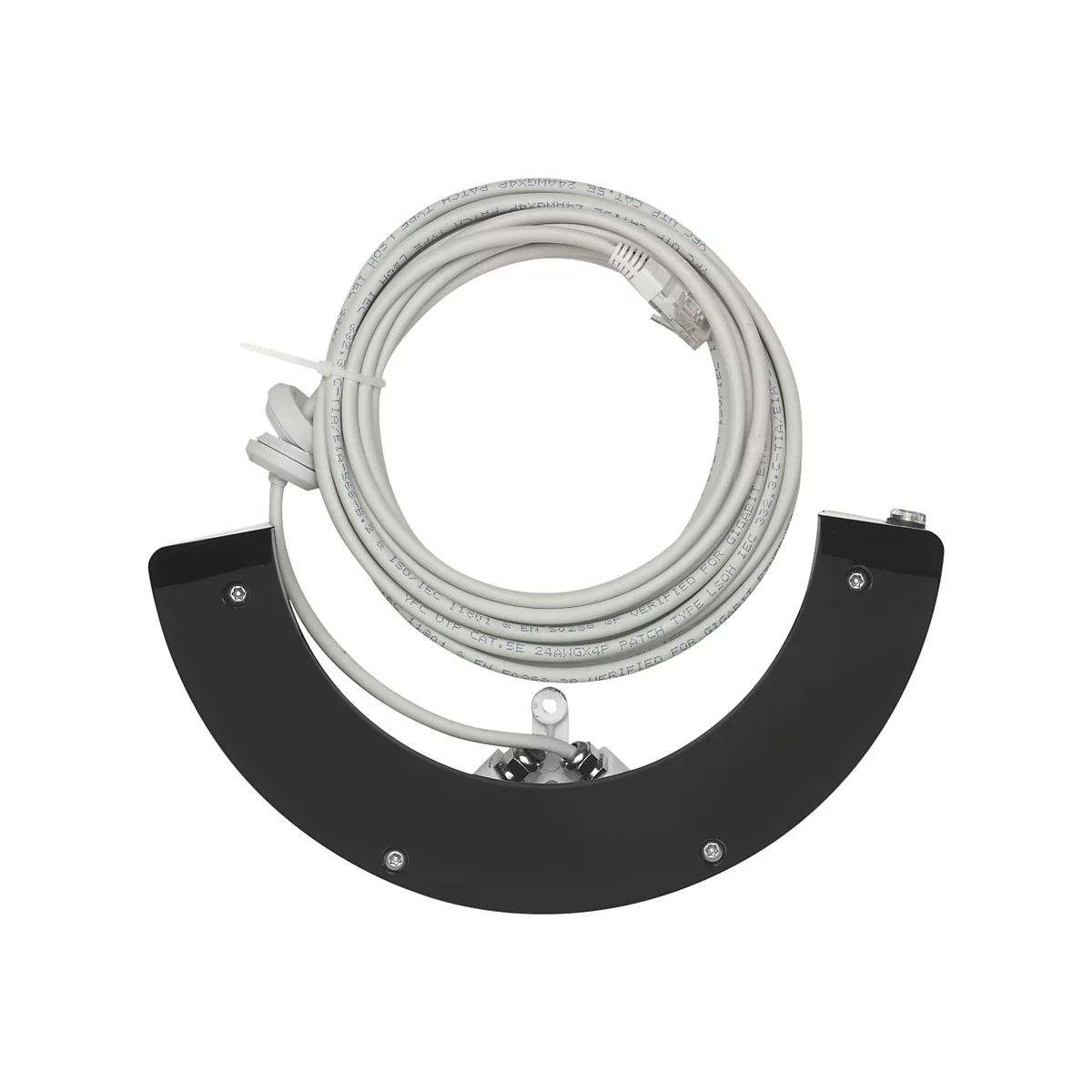 Ein graues Netzwerkkabel in Ringform, das von einer schwarzen Halterung gehalten wird. Das Kabel hat einen RJ45-Stecker.