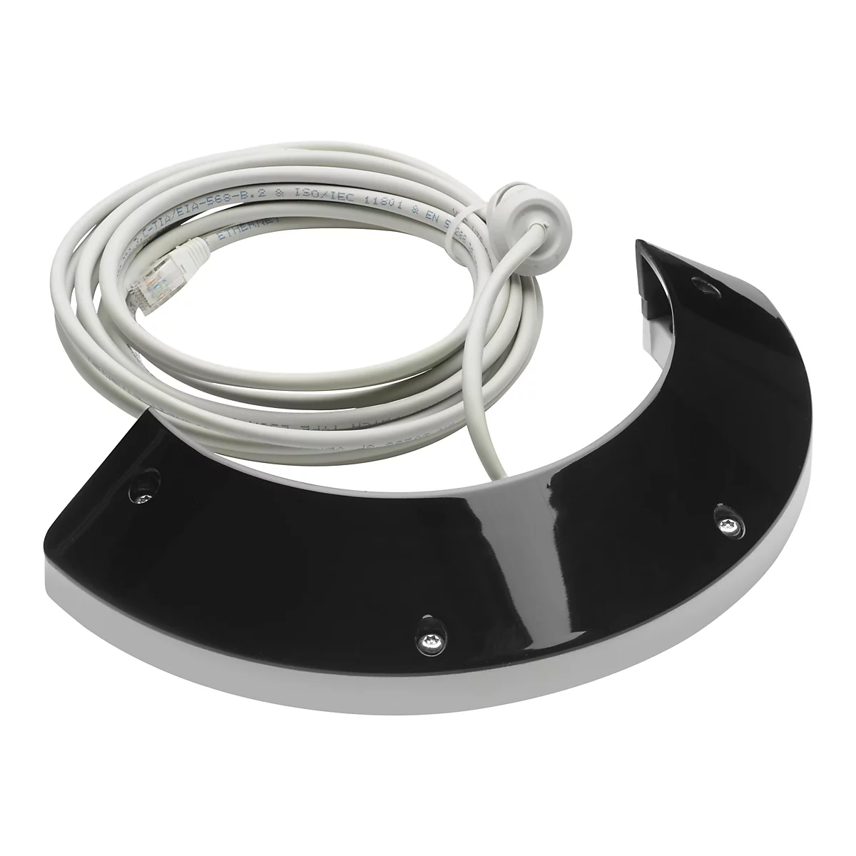 Halbkreisförmiges, schwarzes Gerät mit weißem Kabel. Das Kabel ist ringförmig angeordnet.