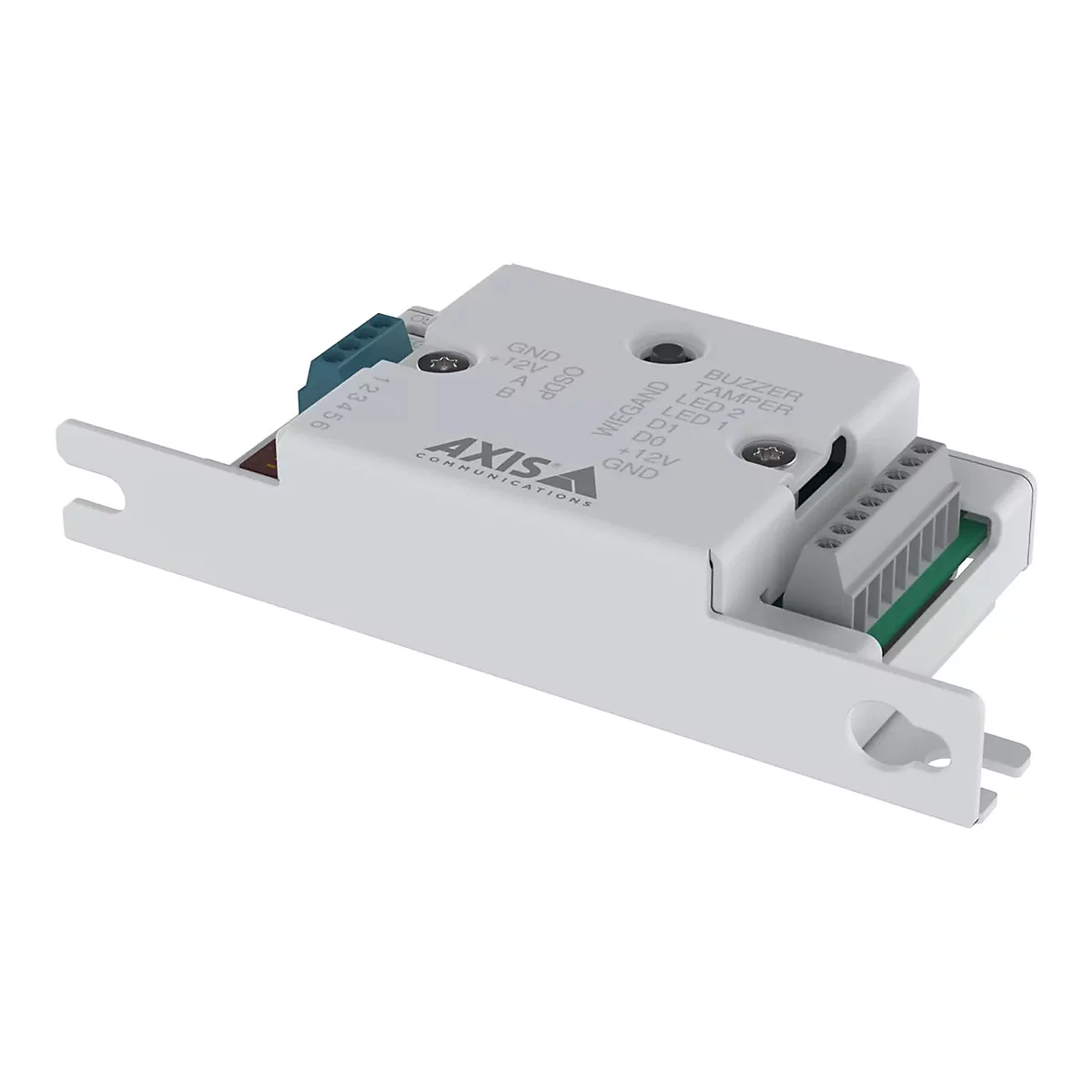 Ein weißes elektronisches Bauteil mit Schraubklemmen und Beschriftungen wie "Wiegand" und "AXIS COMMUNICATIONS".