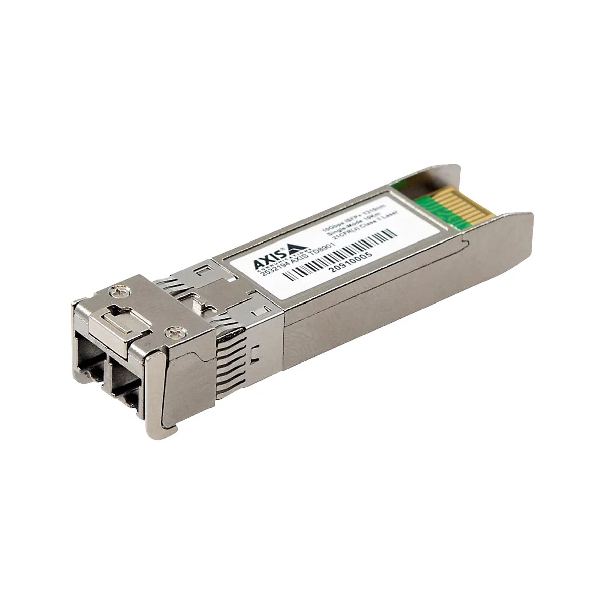 Ein silberfarbenes SFP-Modul mit Aufschrift AXIS. Auf dem Etikett stehen Modellnummer und weitere technische Daten.