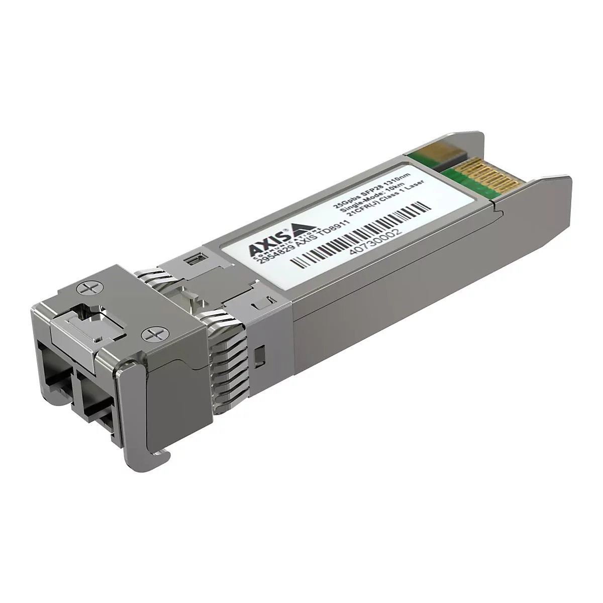 Ein graues SFP28-Modul mit Aufschrift und Barcode.