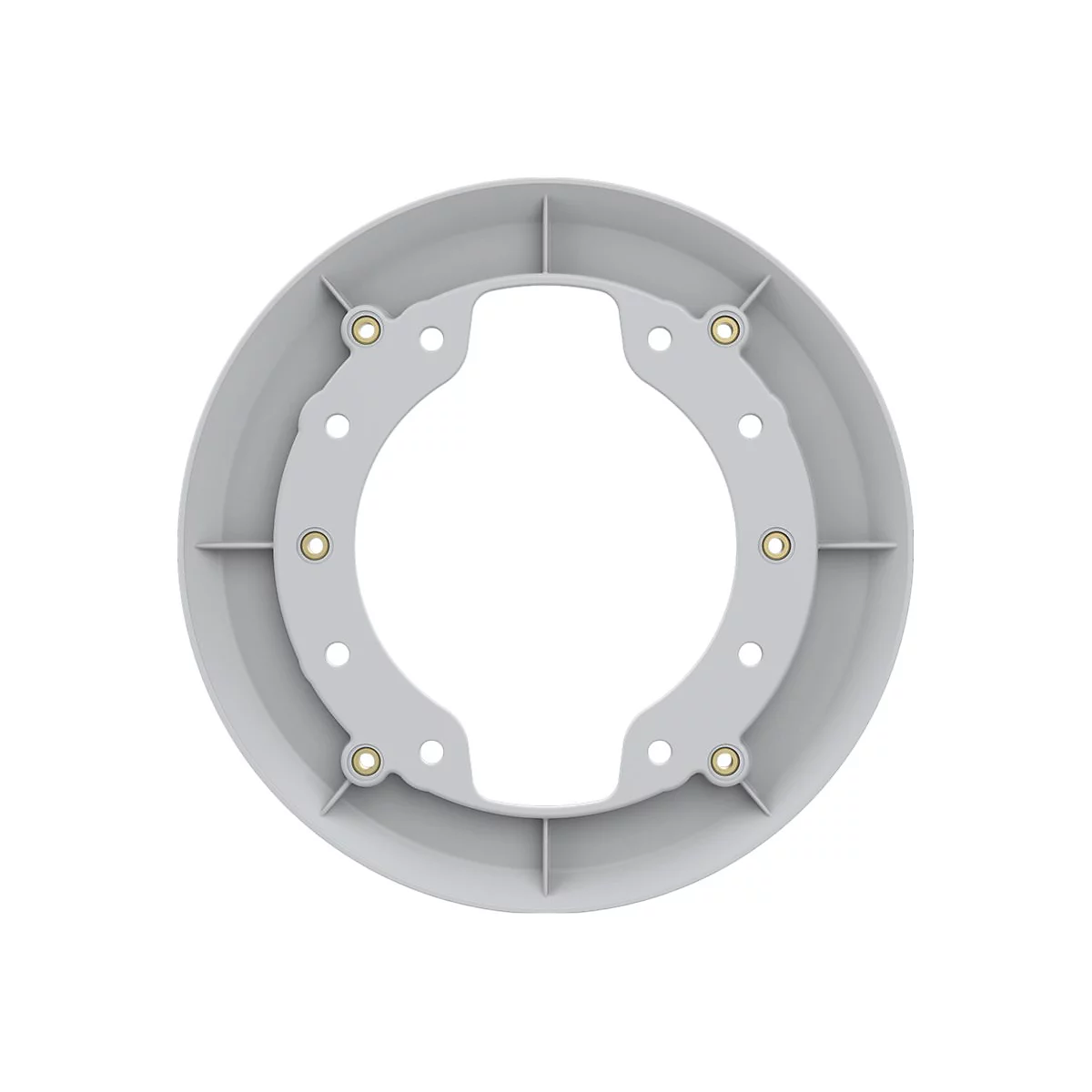 Grauer, runder Metallring mit Lochungen und goldfarbenen Einfassungen.