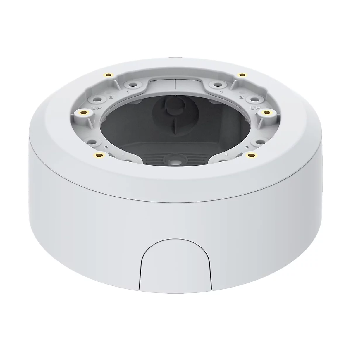 Hellgraues, zylindrisches Gehäuse mit eingelassener Halterung, sechs goldenen Schraubenlöchern und der Aufschrift "UP".